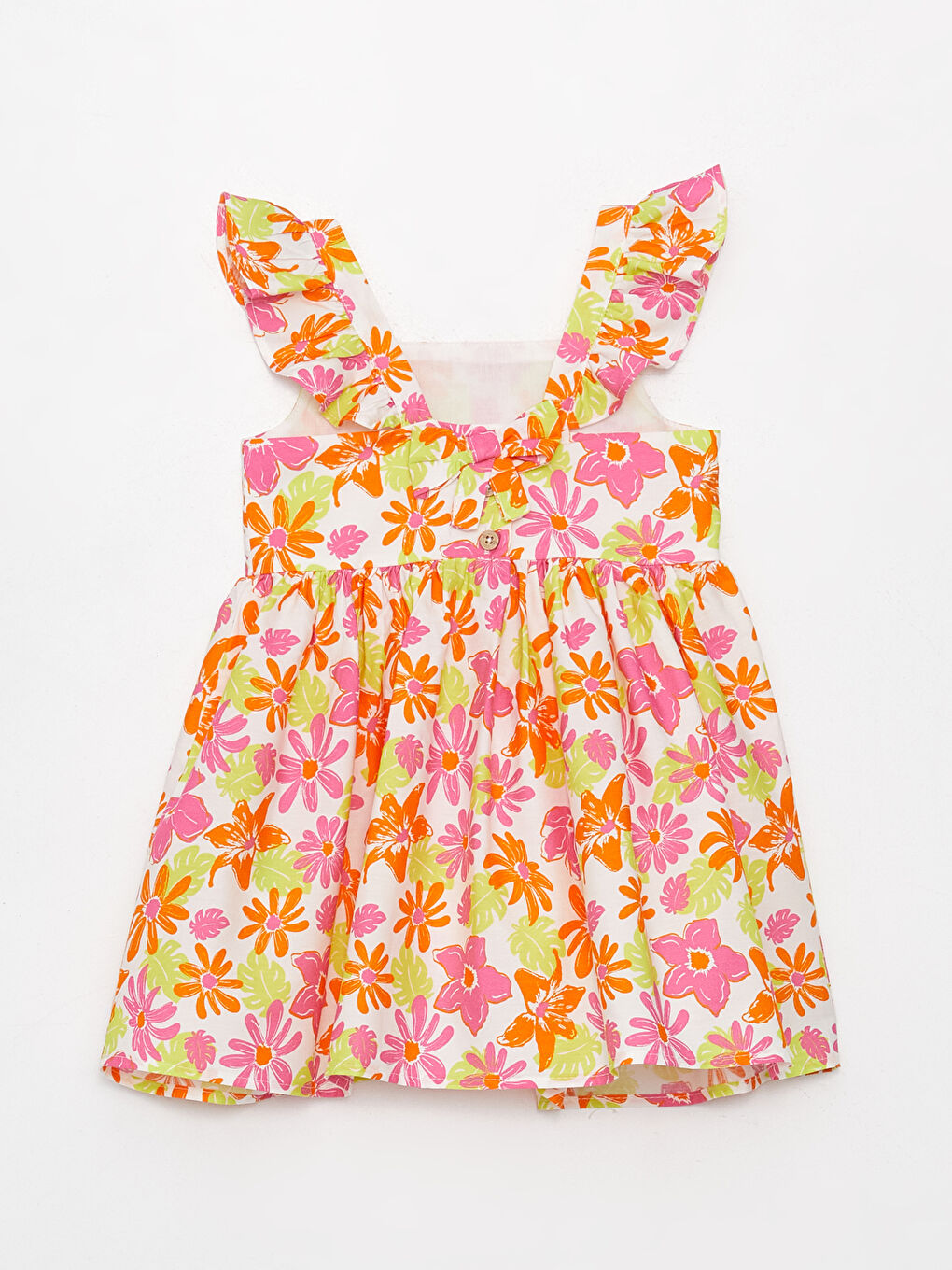 Ekru Kare Yaka Çiçekli Kız Bebek Elbise-1