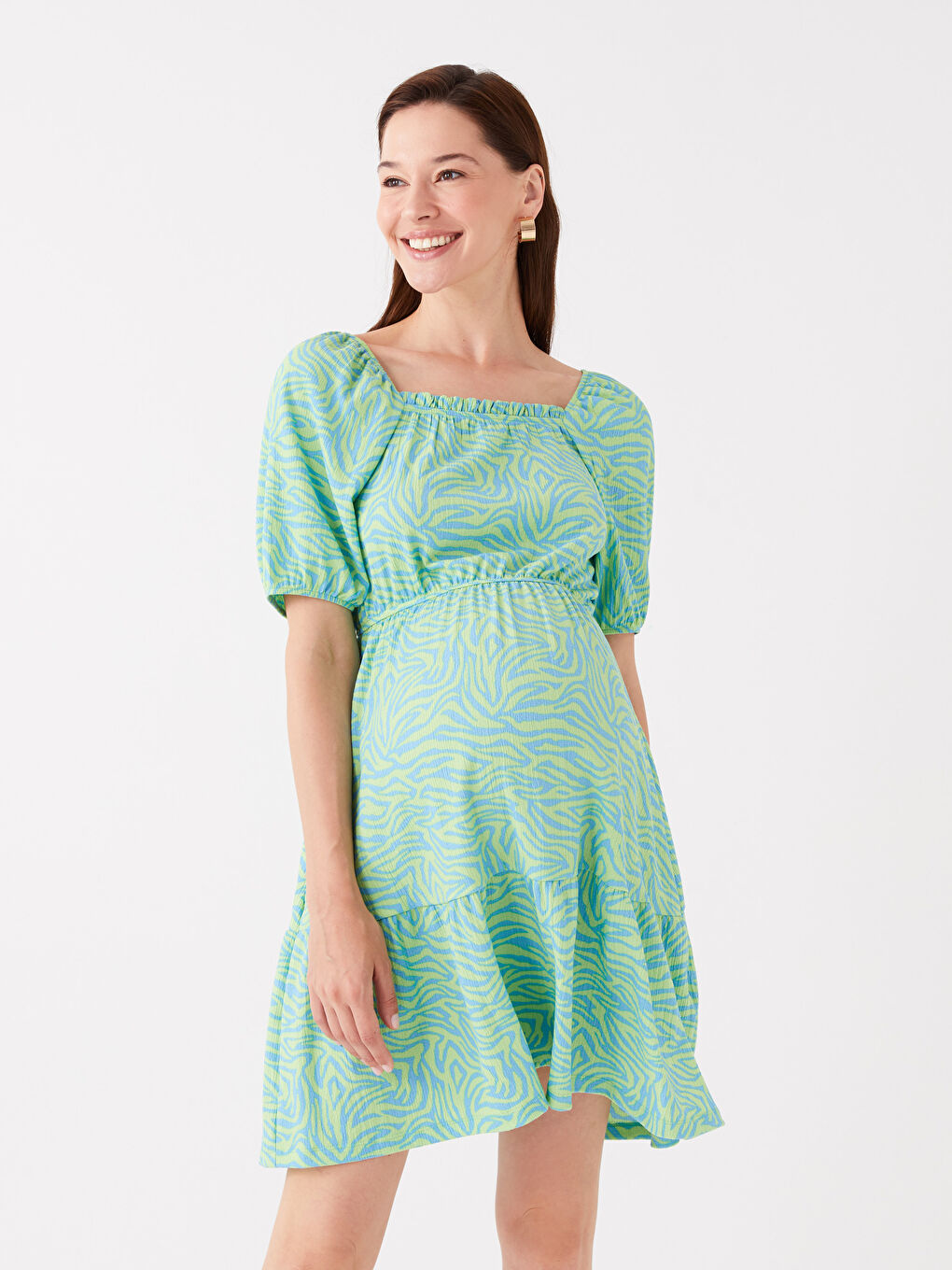 Square Collar Patterned Short-Sleeved Maternity Dress