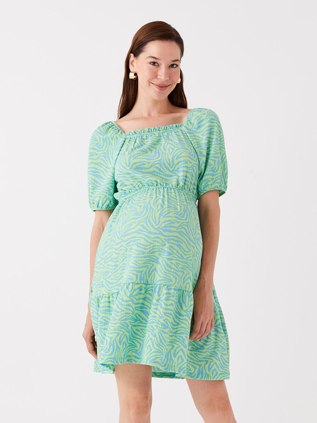 Square Collar Patterned Short-Sleeved Maternity Dress-1