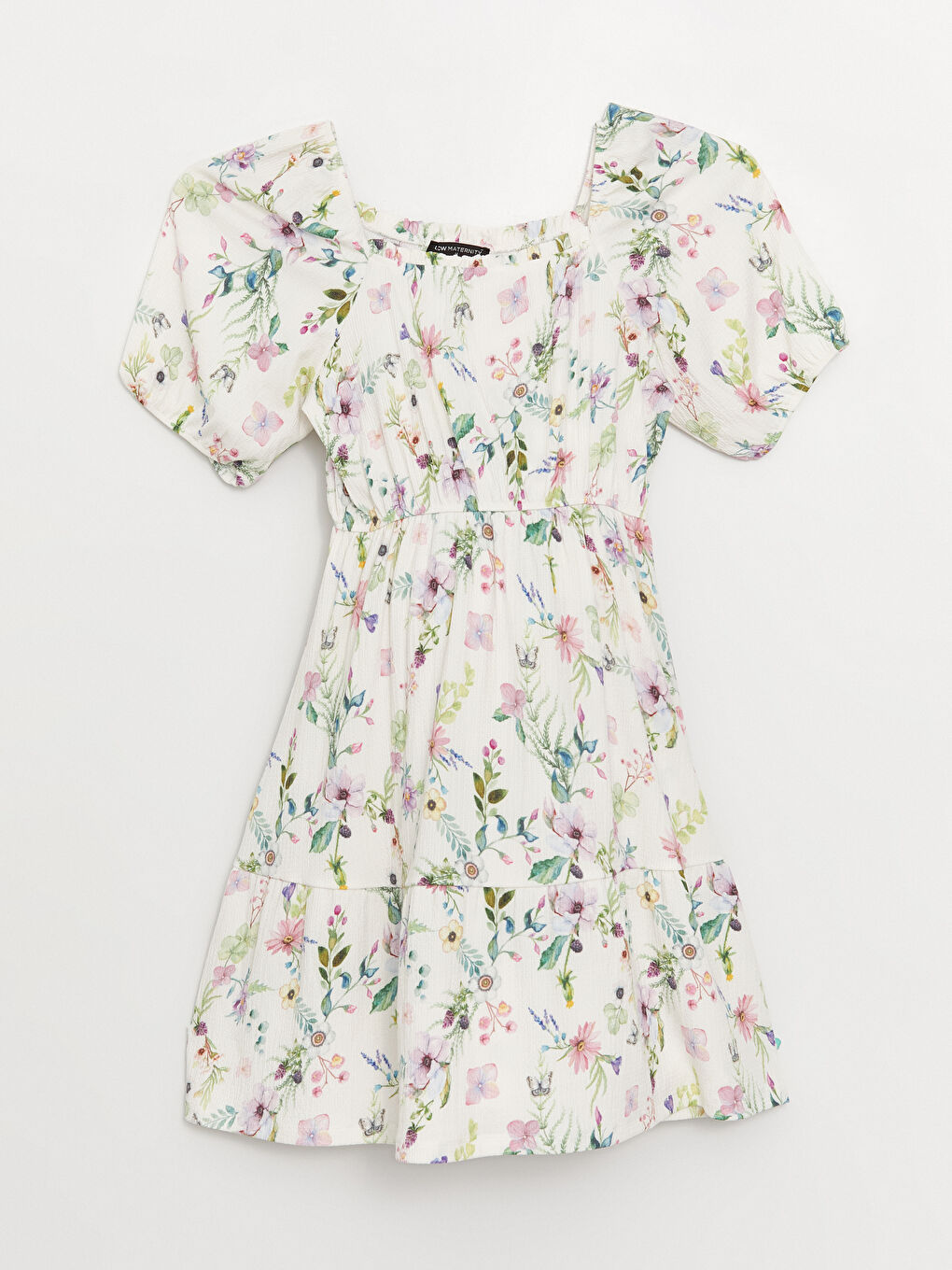 Lila Kare Yaka Desenli Kısa Kollu Hamile Elbise-5