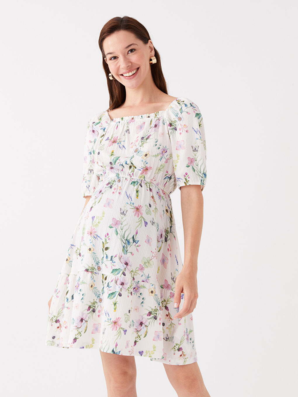 Lila Kare Yaka Desenli Kısa Kollu Hamile Elbise