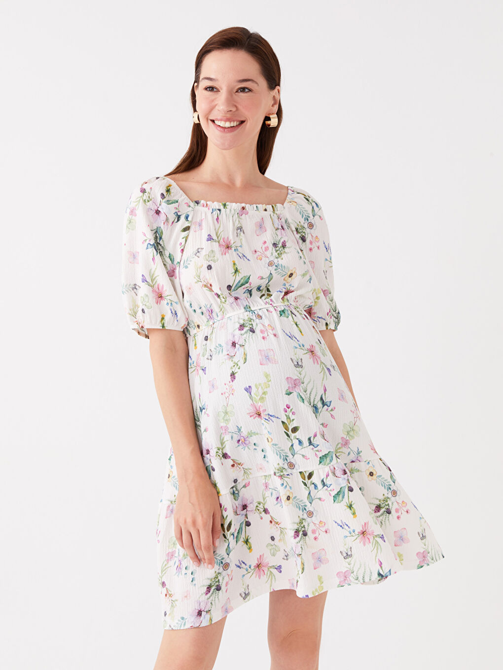 Lila Kare Yaka Desenli Kısa Kollu Hamile Elbise-1