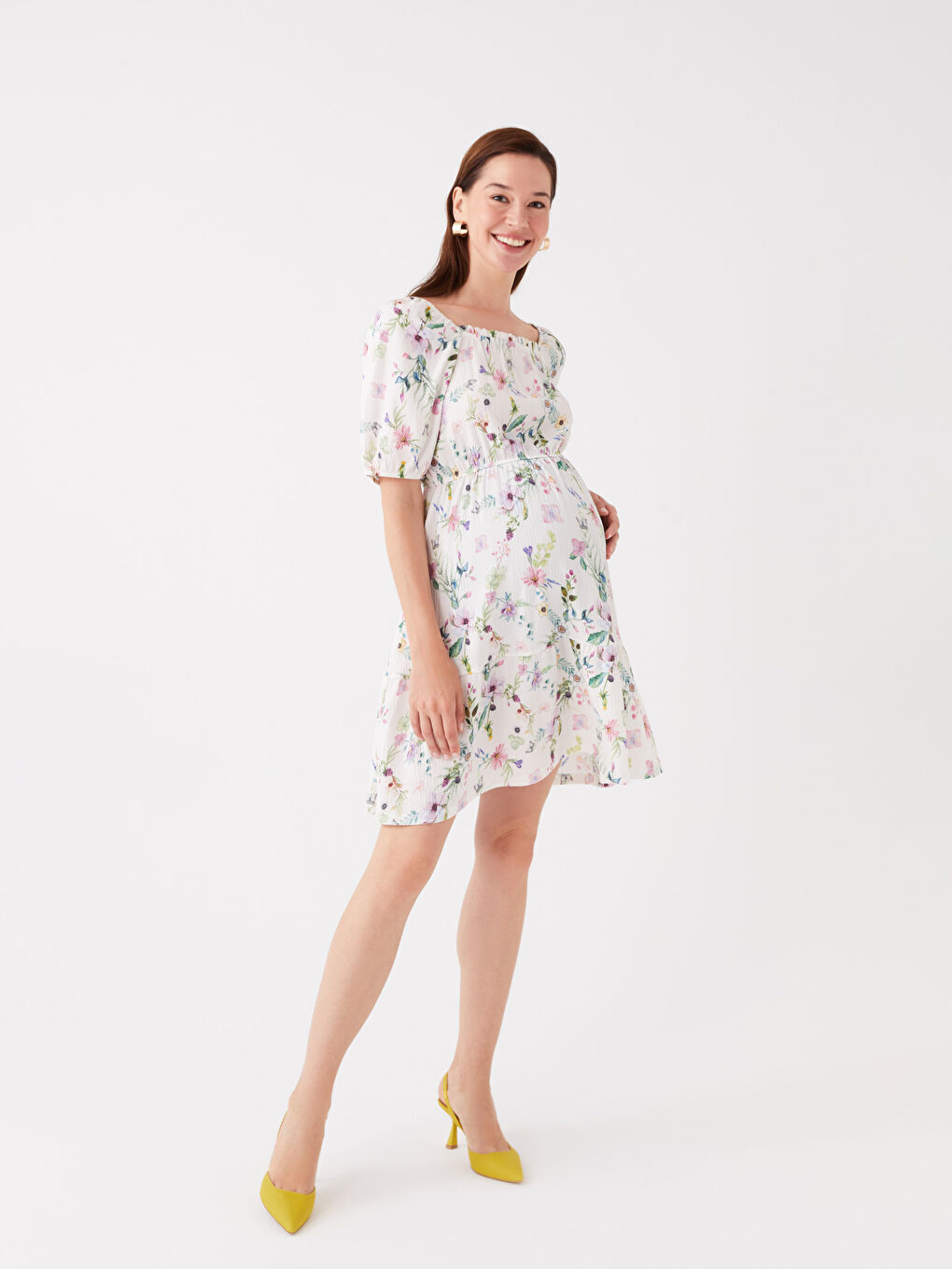 Lila Kare Yaka Desenli Kısa Kollu Hamile Elbise-2