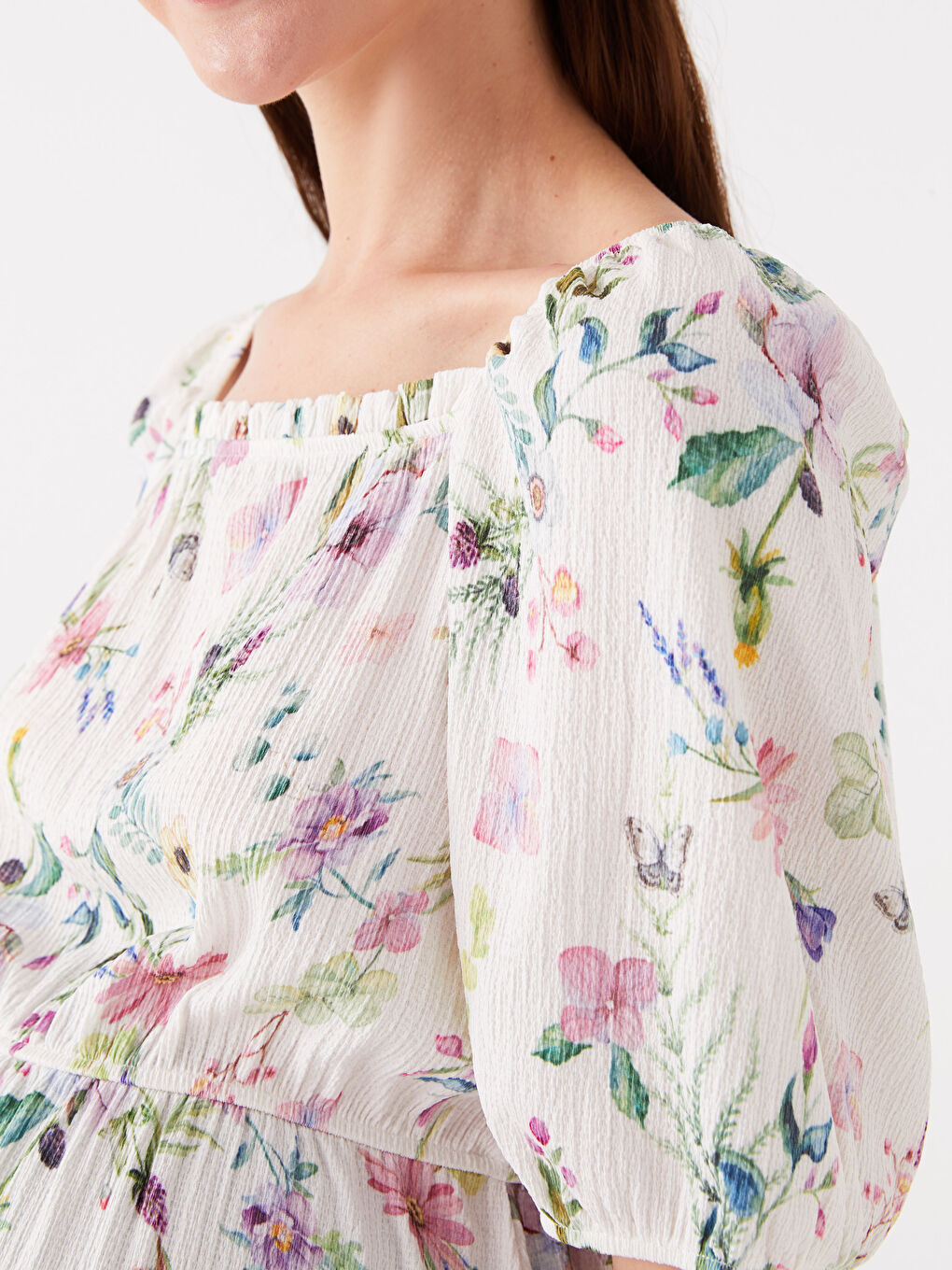 Lila Kare Yaka Desenli Kısa Kollu Hamile Elbise-3