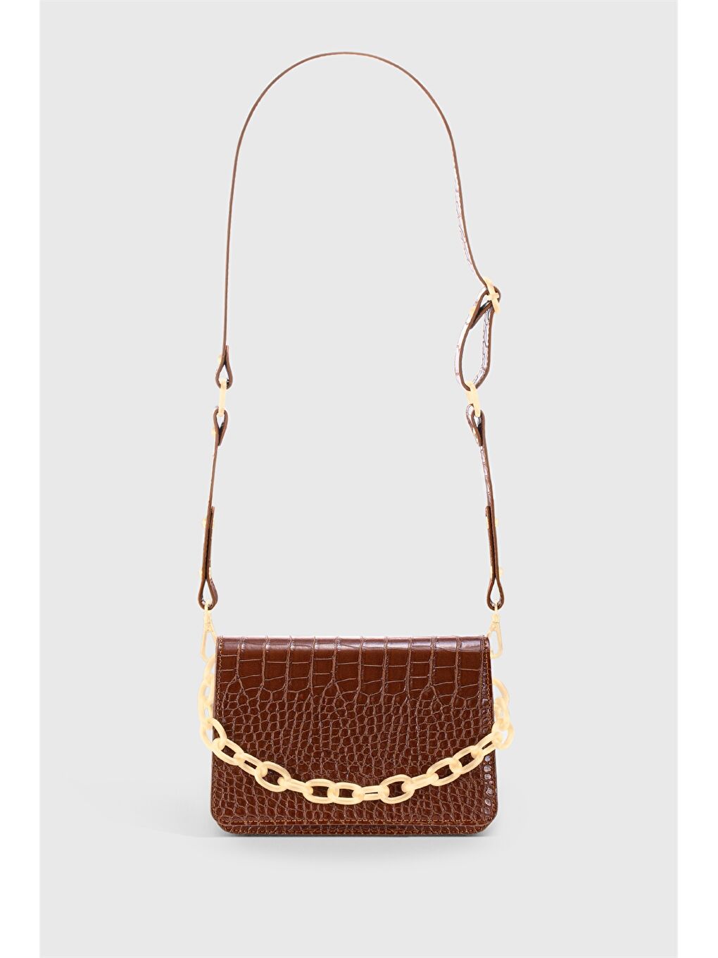 Kahverengi Deri Görünümlü Kroko Desenli Kadın Omuz Çantası-2