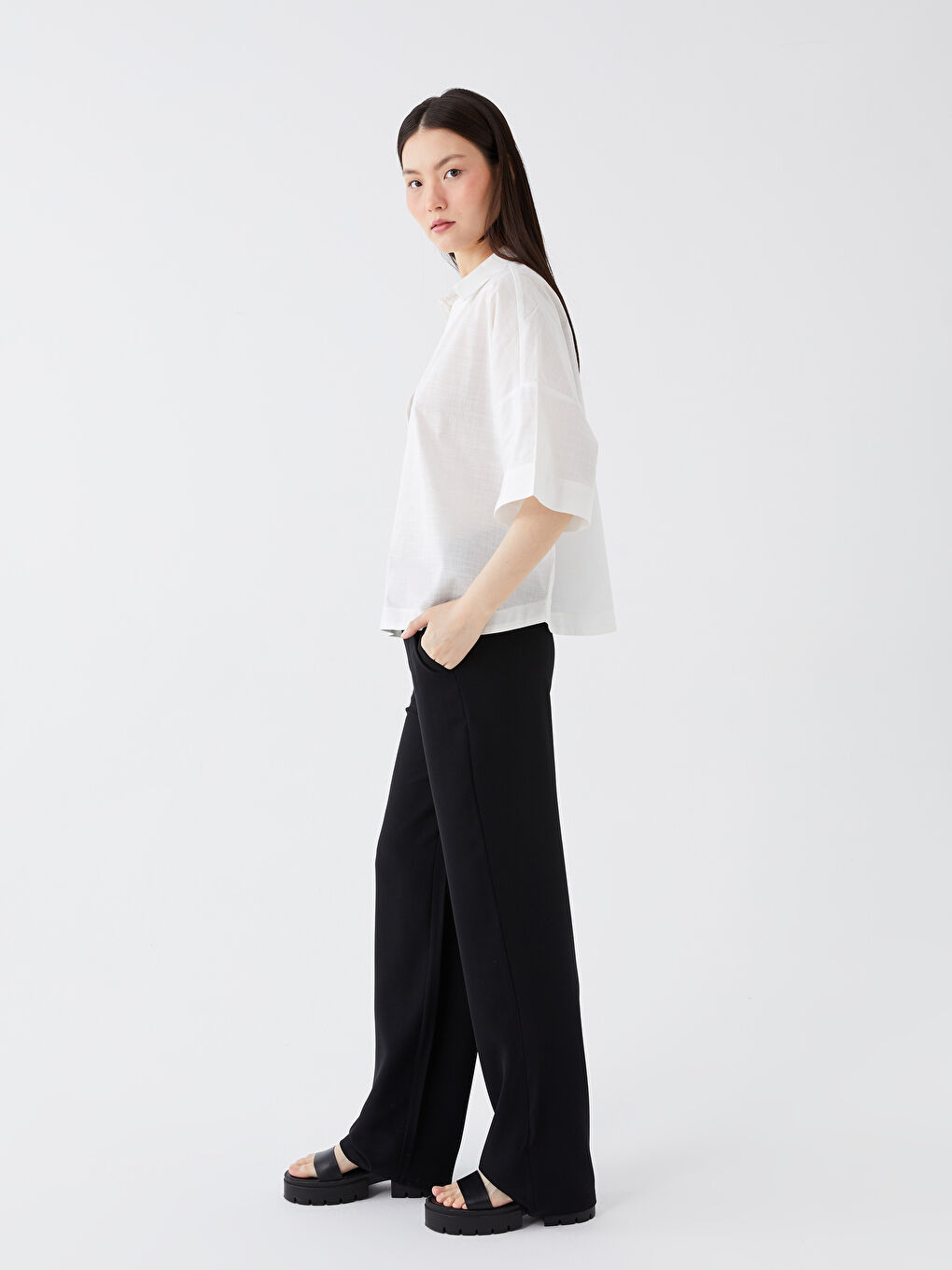 Siyah Loose Fit Krep Kadın Pantolon-1