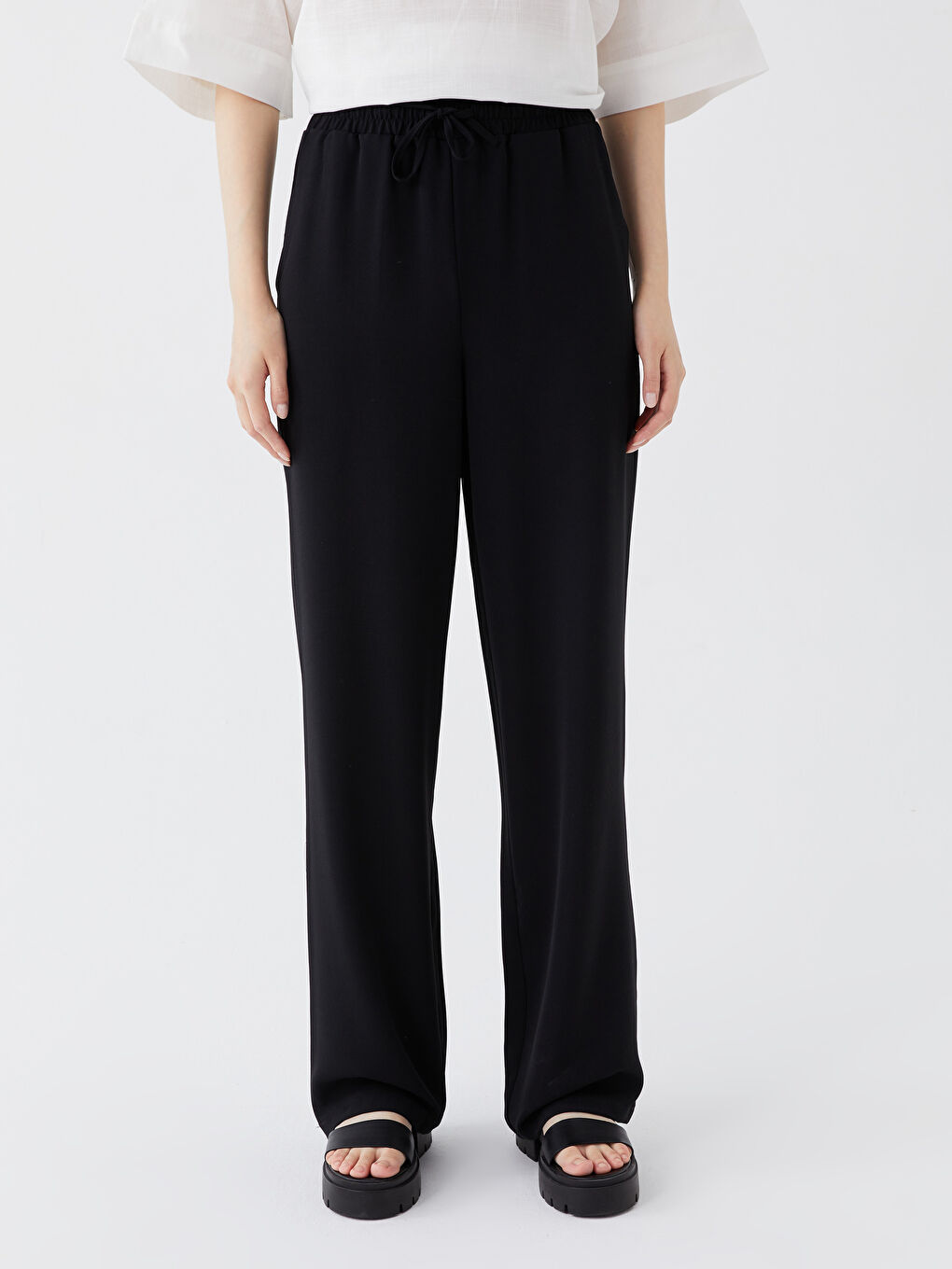 Siyah Loose Fit Krep Kadın Pantolon-2