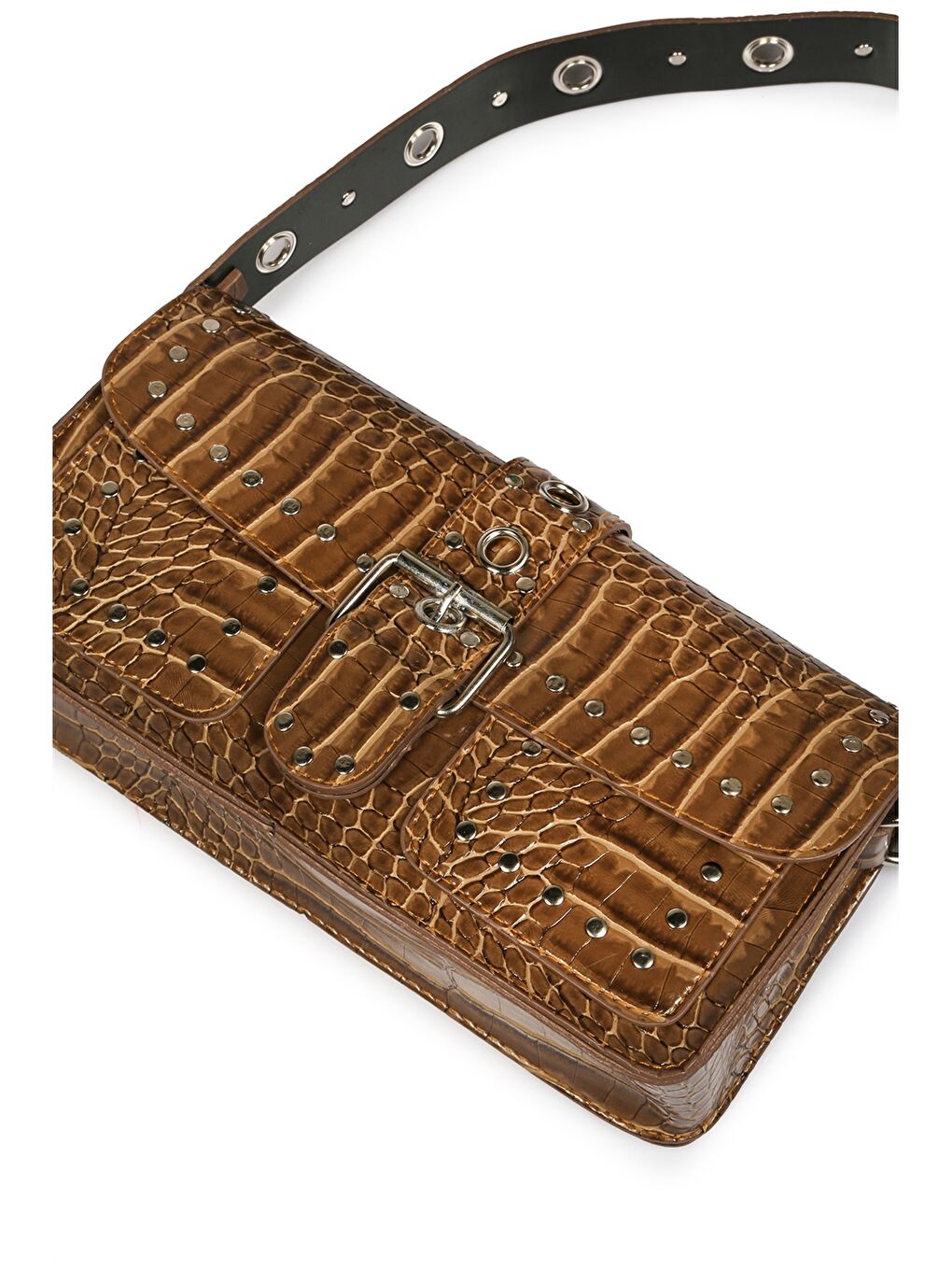 Kahverengi Deri Görünümlü Kroko Desenli Kadın Omuz Çantası-2