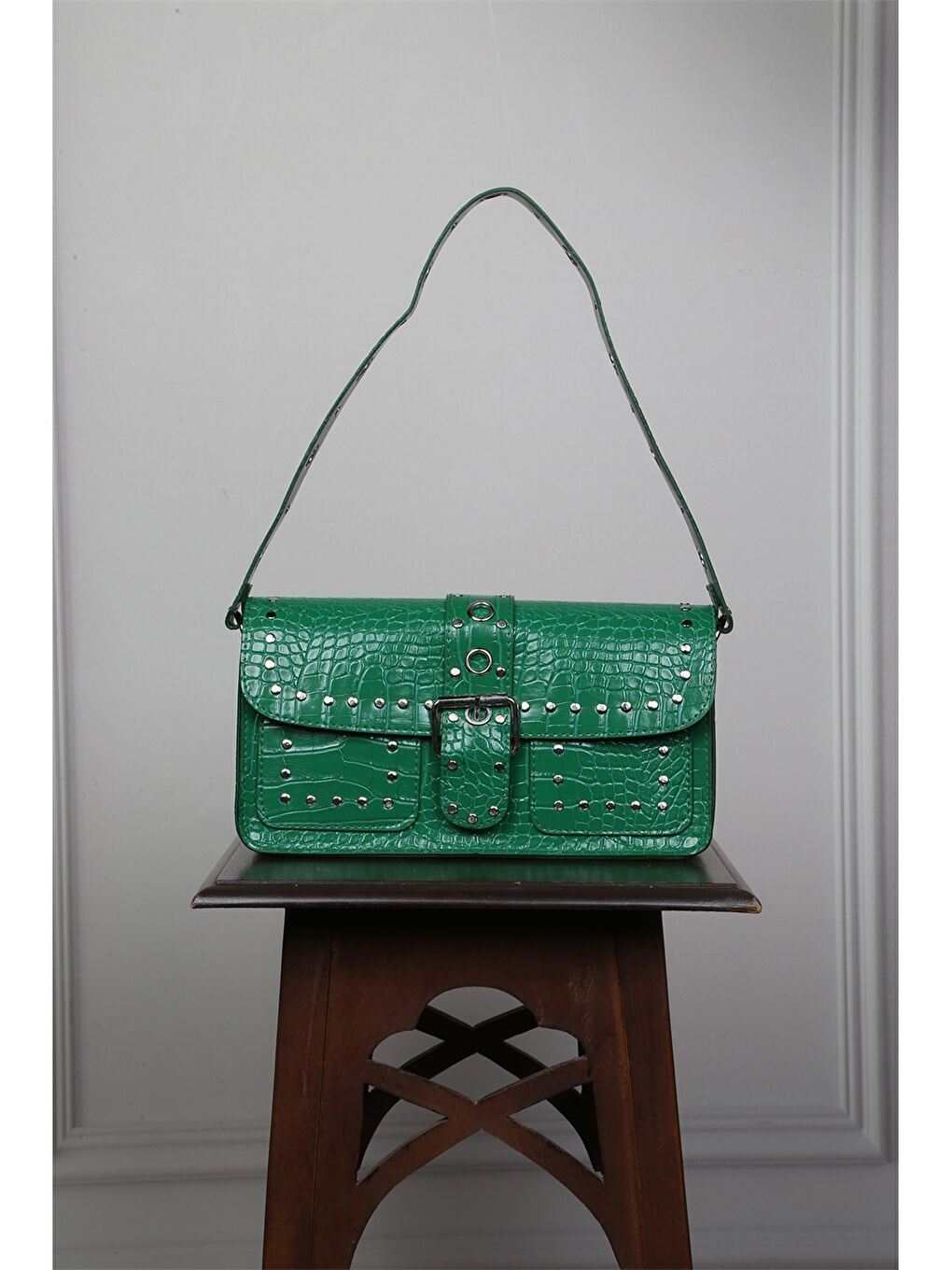 Yeşil Deri Görünümlü Kroko Desenli Kadın Omuz Çantası