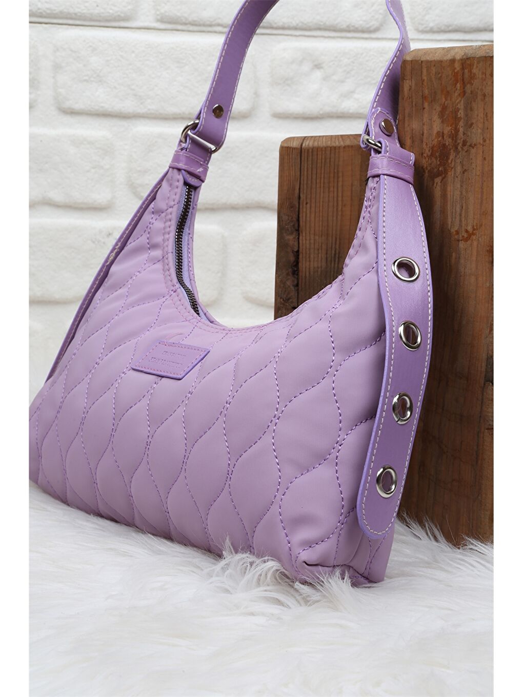 Lila Saten Kapitone Desenli Kadın Omuz Çantası-1