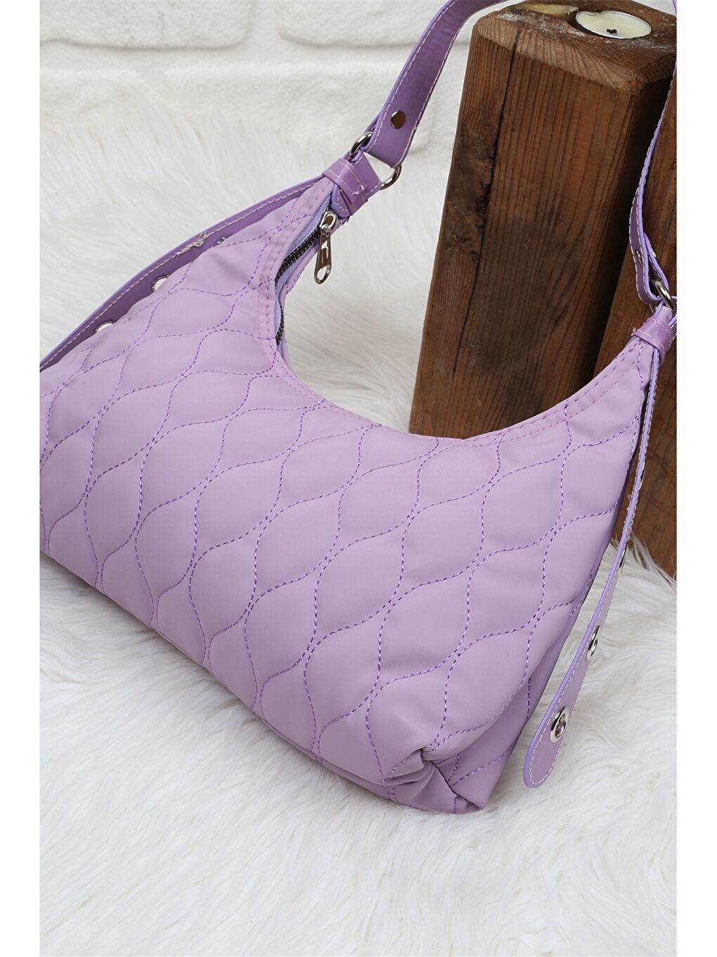 Lila Saten Kapitone Desenli Kadın Omuz Çantası-2