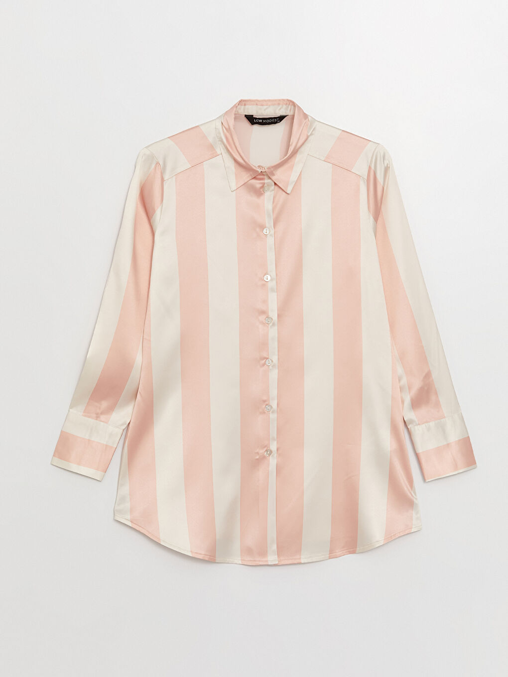 Pembe Renk Bloklu Uzun Kollu Saten Kadın Gömlek-5