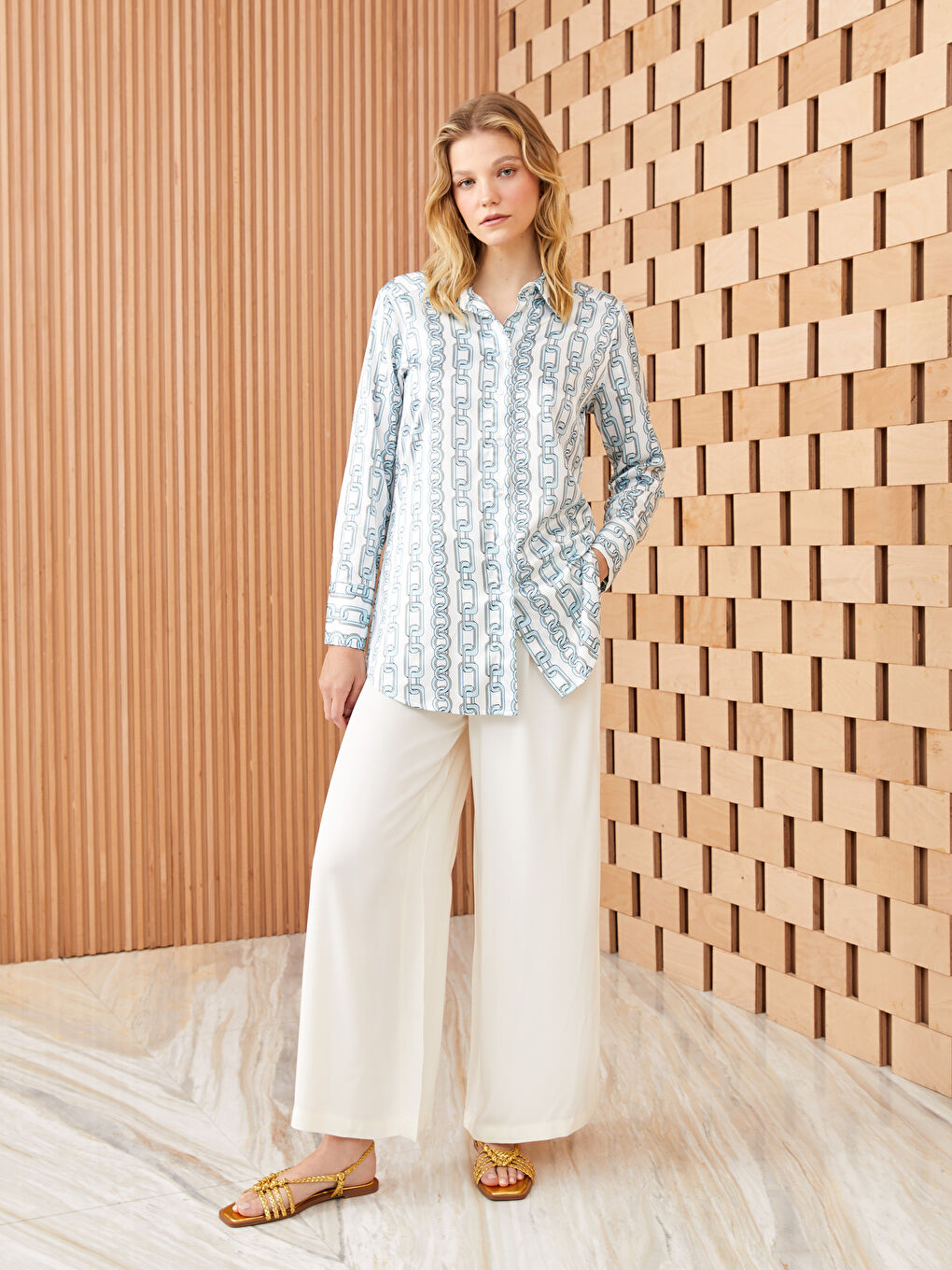 قميص ساتان كم طويل منقوش للسيدات-2