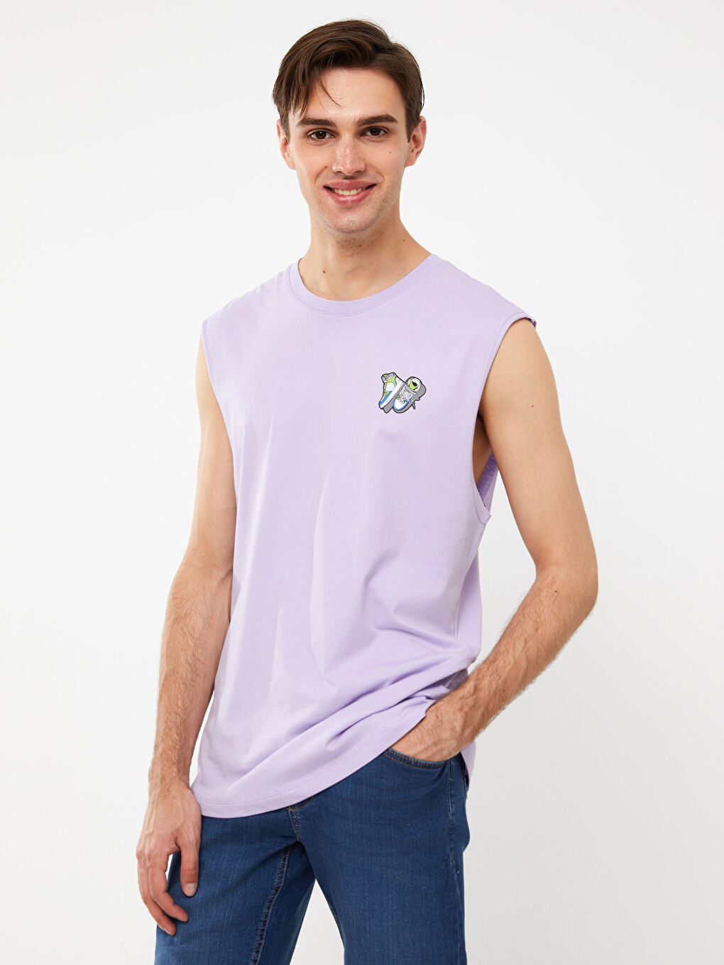 Lila Bisiklet Yaka Baskılı Penye Erkek Kolsuz Tişört