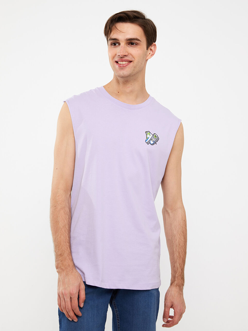 Lila Bisiklet Yaka Baskılı Penye Erkek Kolsuz Tişört-1