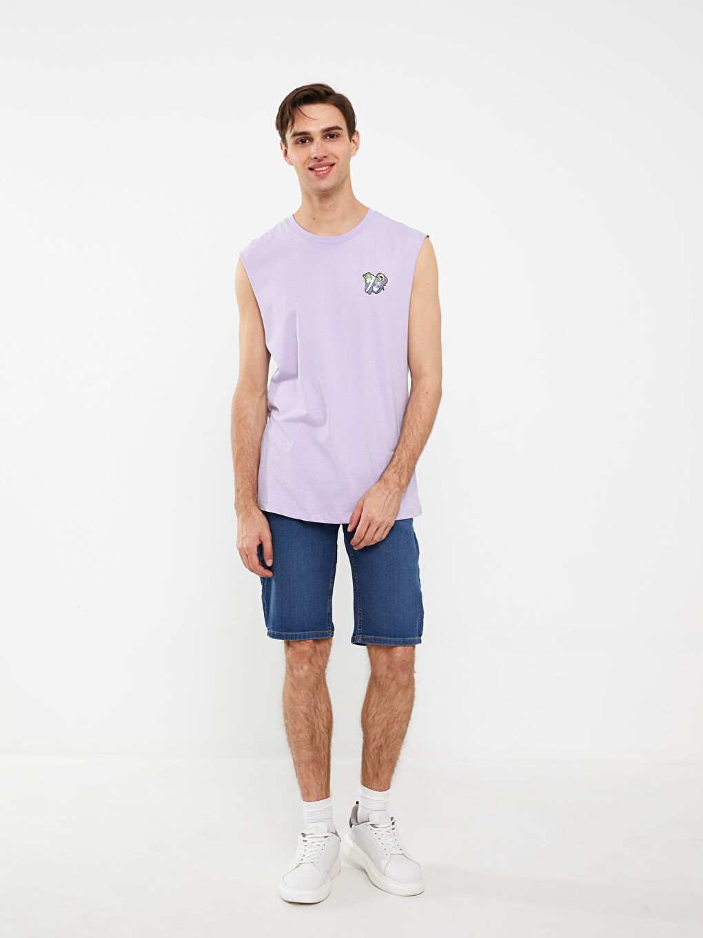 Lila Bisiklet Yaka Baskılı Penye Erkek Kolsuz Tişört-2