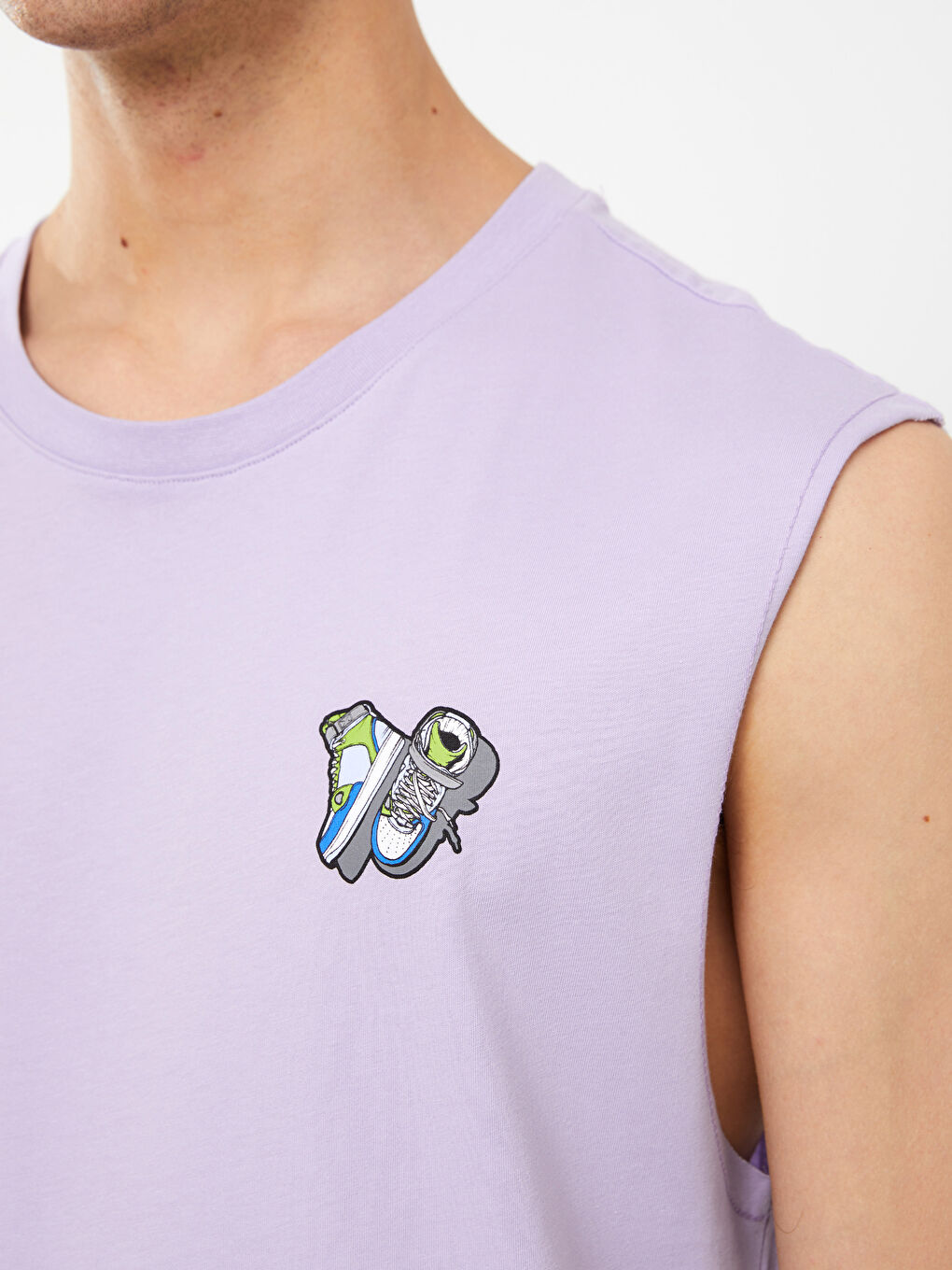 Lila Bisiklet Yaka Baskılı Penye Erkek Kolsuz Tişört-3