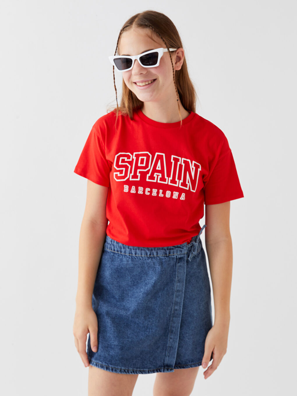 تي شيرت للبنات كروب بكم قصير مطبوع بياقة دائرية