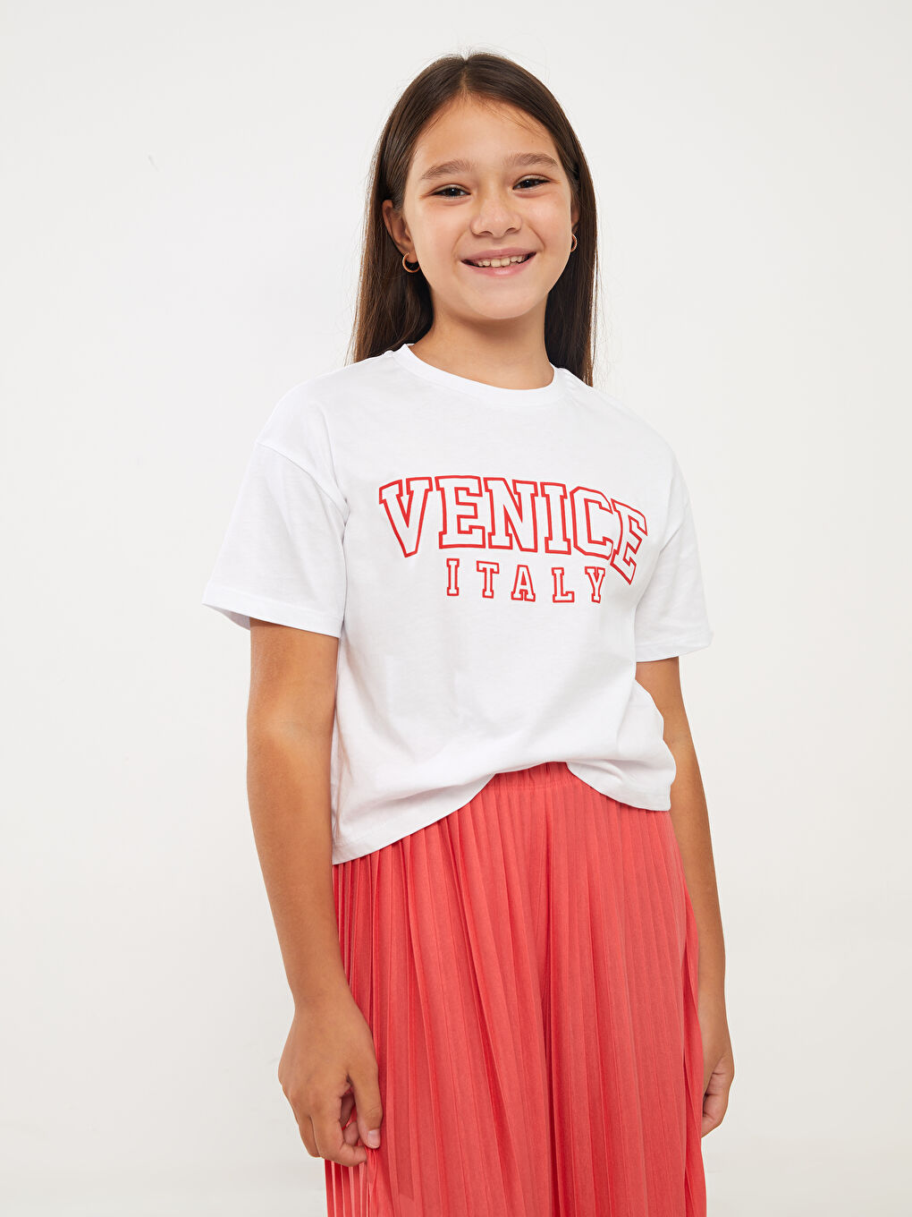 Beyaz Bisiklet Yaka Baskılı Kısa Kollu Kız Çocuk Crop Tişört-1