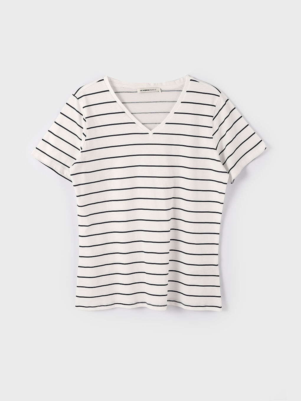 تي شيرت كم قصير مخطط بياقة على شكل حرف V للسيدات