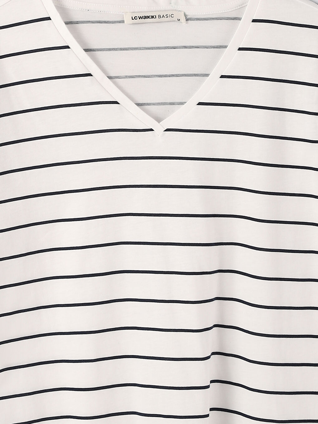 تي شيرت كم قصير مخطط بياقة على شكل حرف V للسيدات-2