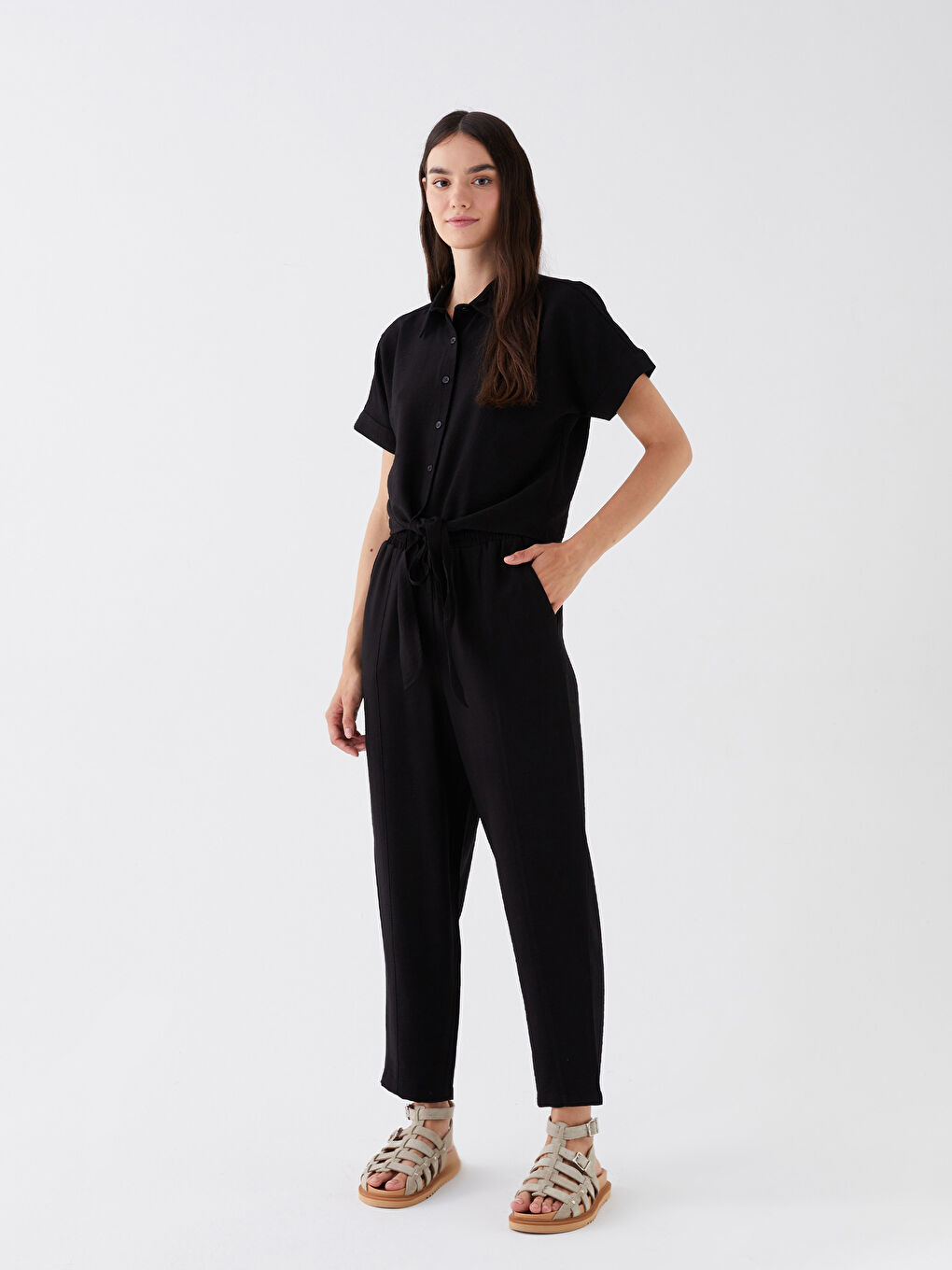 Siyah Beli Lastikli Rahat Kalıp Kadın Pantolon