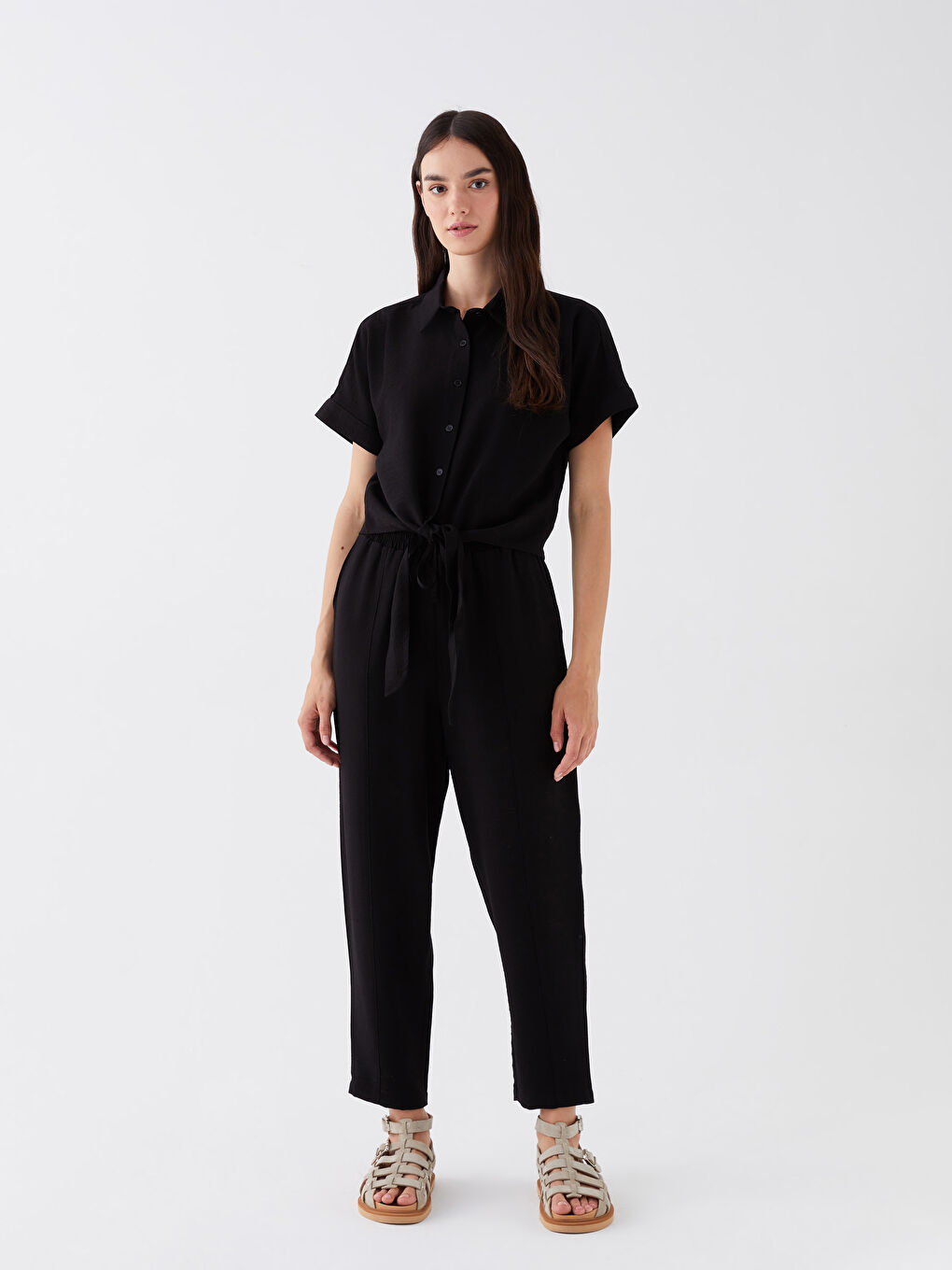 Siyah Beli Lastikli Rahat Kalıp Kadın Pantolon-1