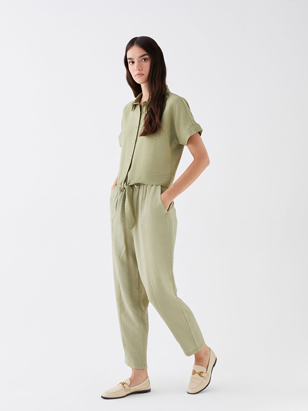 Yeşil Beli Lastikli Rahat Kalıp Kadın Pantolon