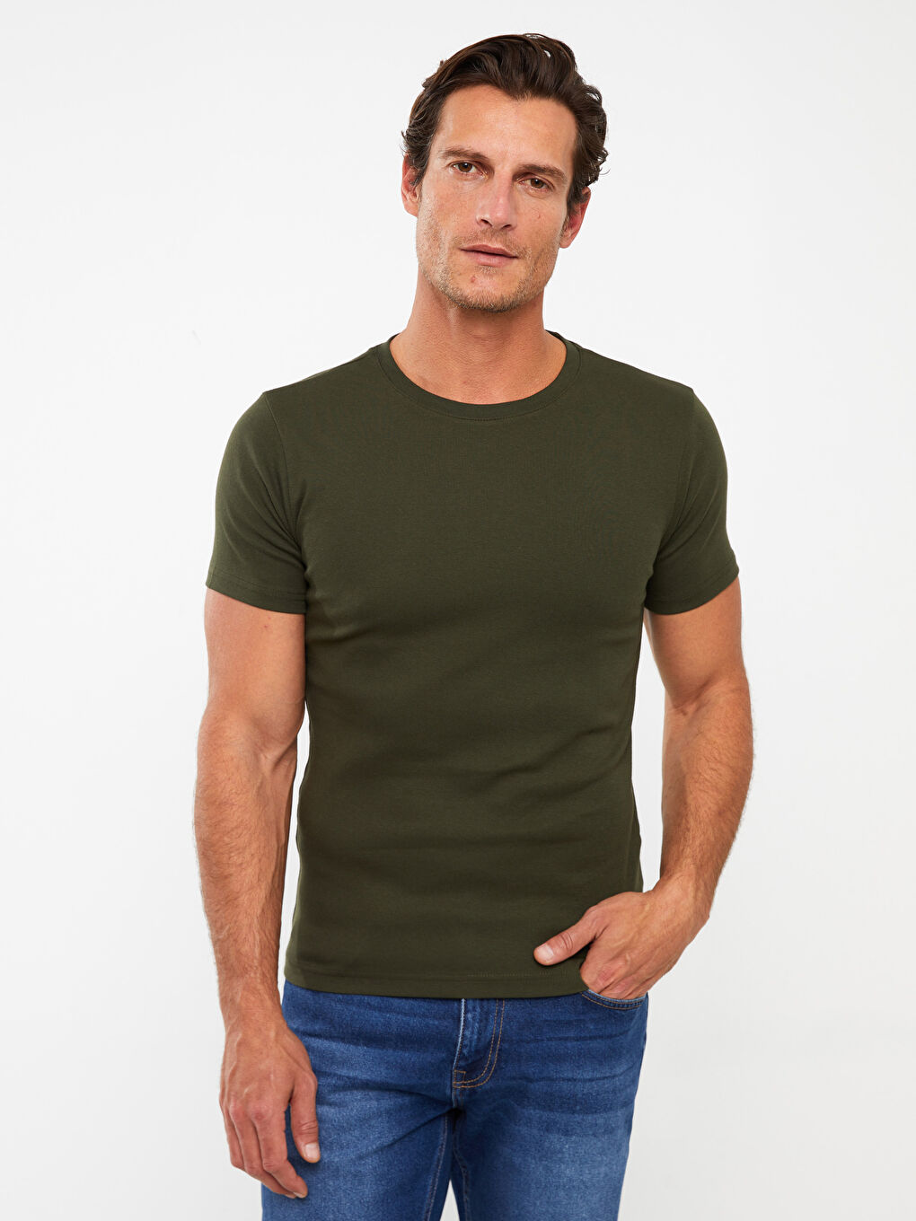 Haki Bisiklet Yaka Kısa Kollu Erkek Tişört