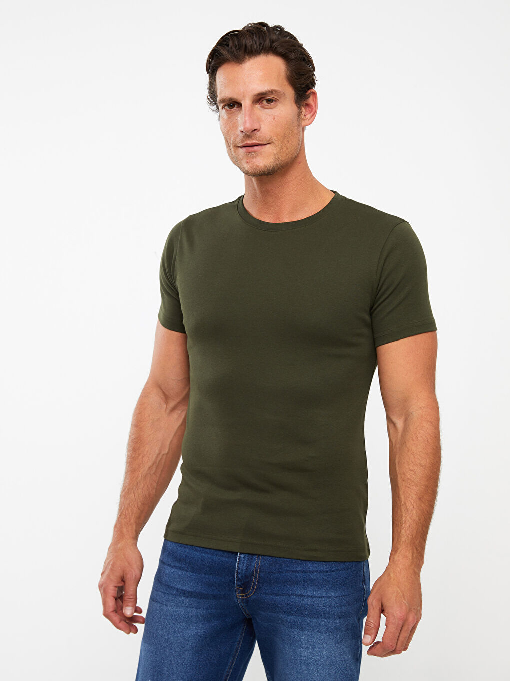 Haki Bisiklet Yaka Kısa Kollu Erkek Tişört-1