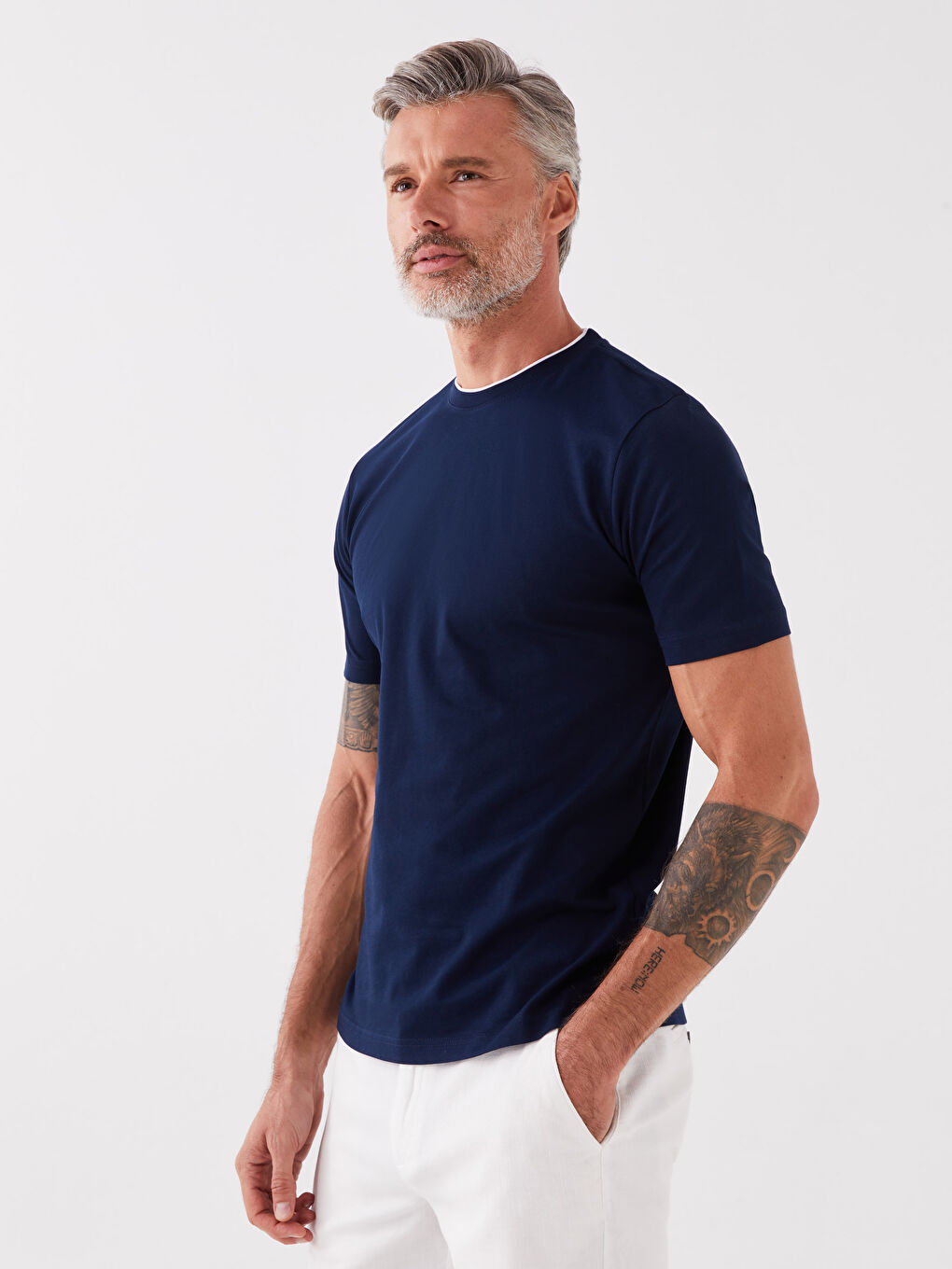 Lacivert Bisiklet Yaka Penye Erkek Tişört-1