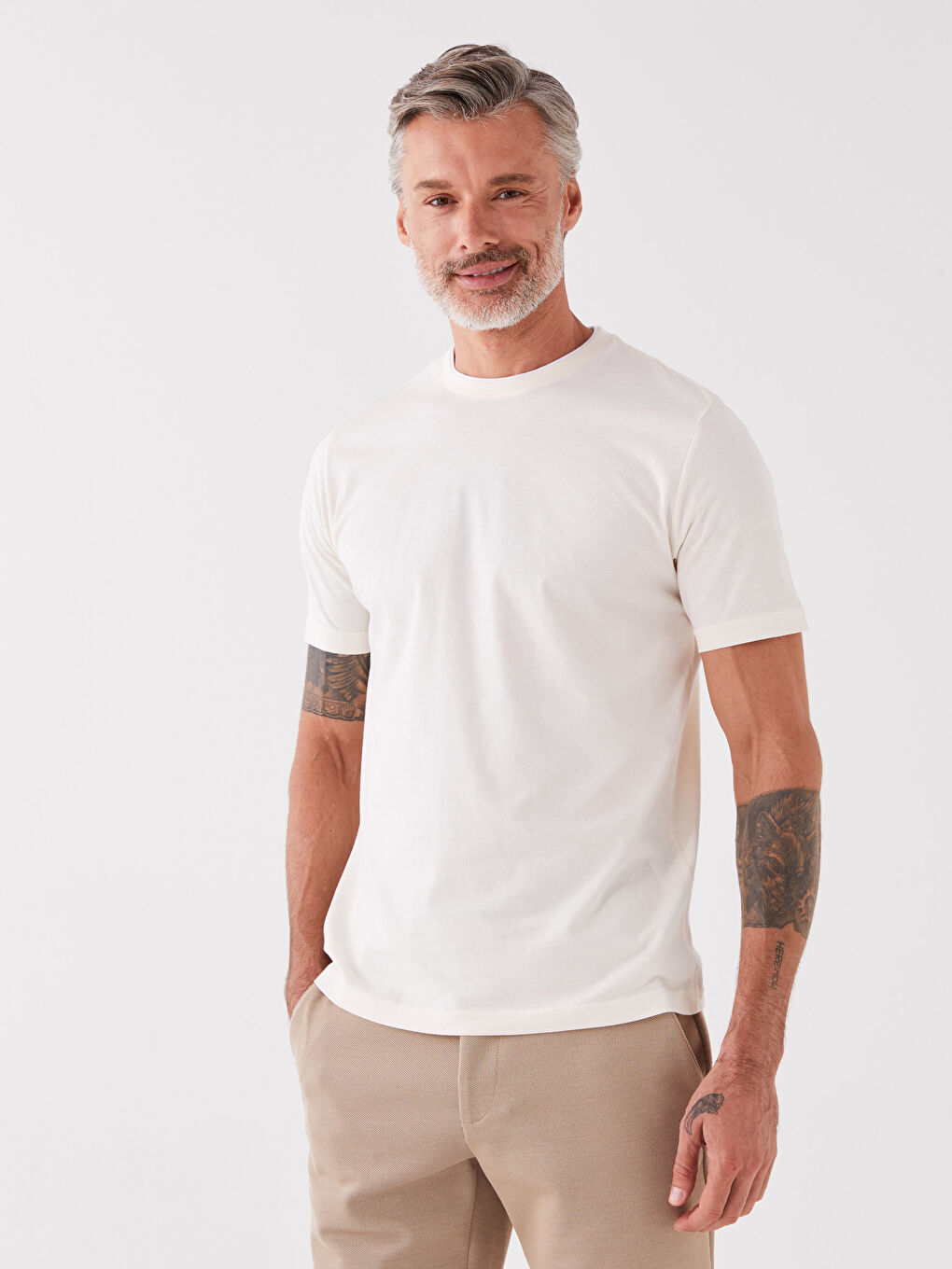 Ekru Bisiklet Yaka Penye Erkek Tişört-1