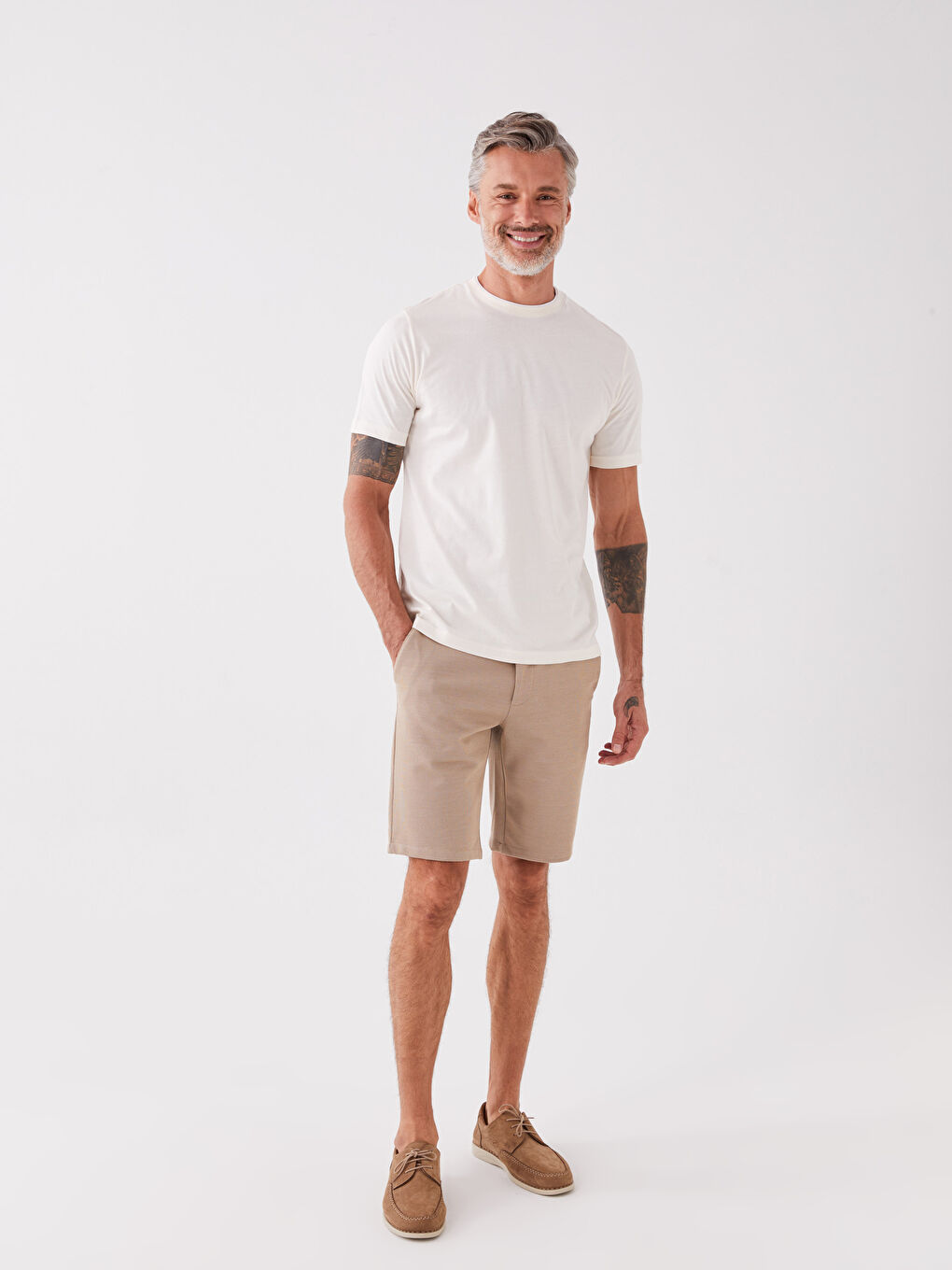 Ekru Bisiklet Yaka Penye Erkek Tişört-2