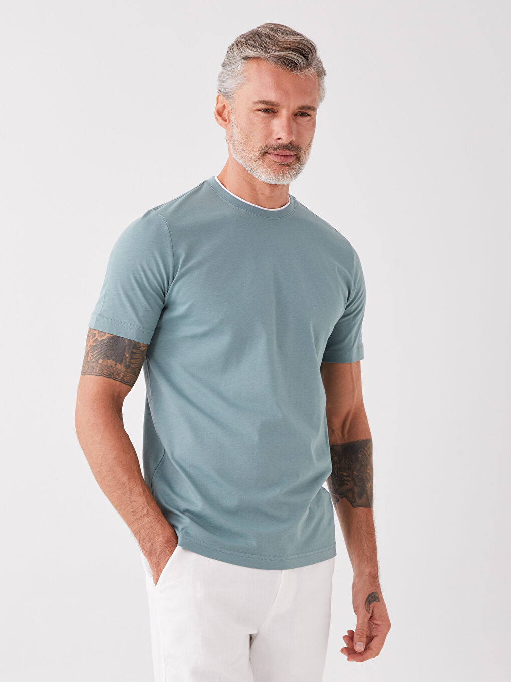 Yeşil Bisiklet Yaka Penye Erkek Tişört-1