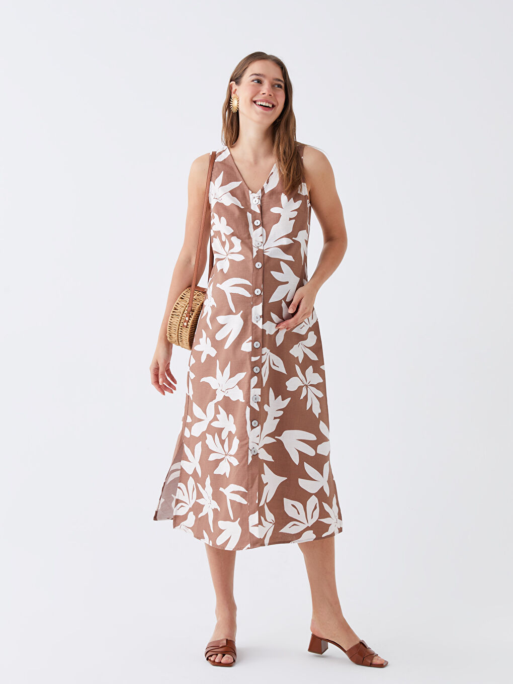 Kahverengi V Yaka Çiçekli Poplin Hamile Elbise-1