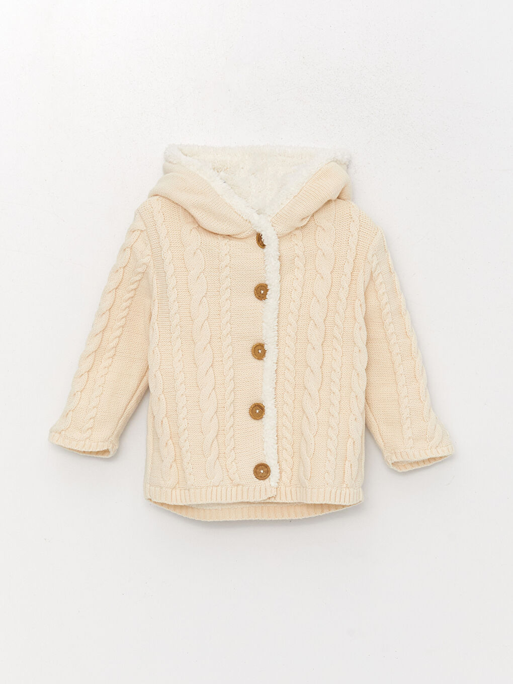 Bej Kapüşonlu Uzun Kollu Kız Bebek Triko Hırka