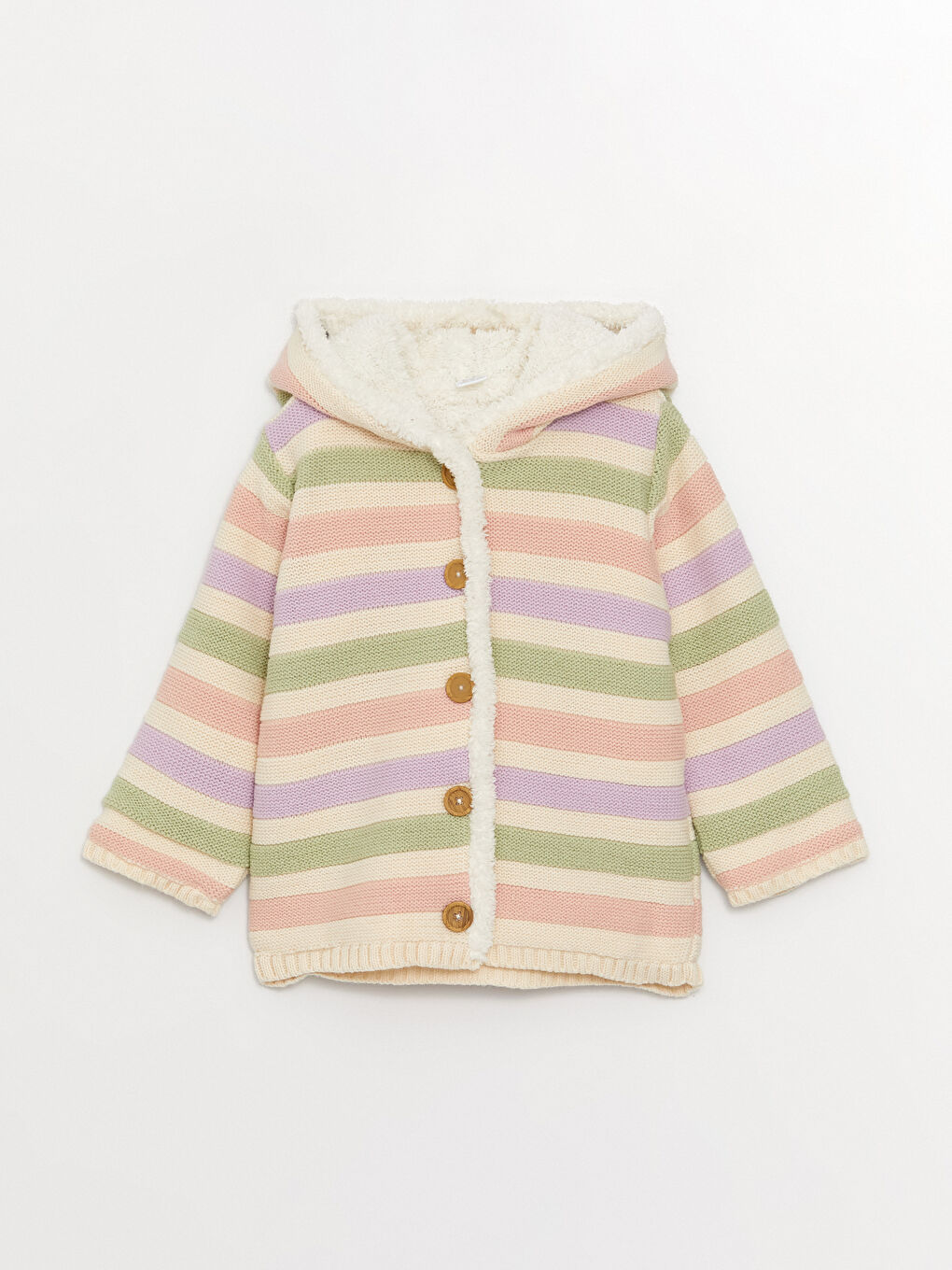 Karışık Kapüşonlu Uzun Kollu Çizgili Kız Bebek Triko Hırka