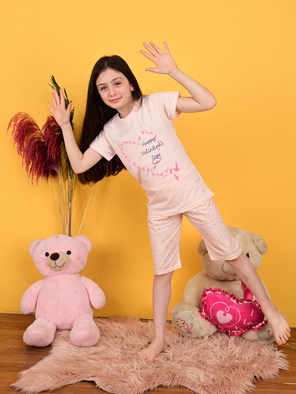 Turuncu Bisiklet Yaka Baskılı Kısa Kollu Kız Çocuk Şortlu Pijama Takımı