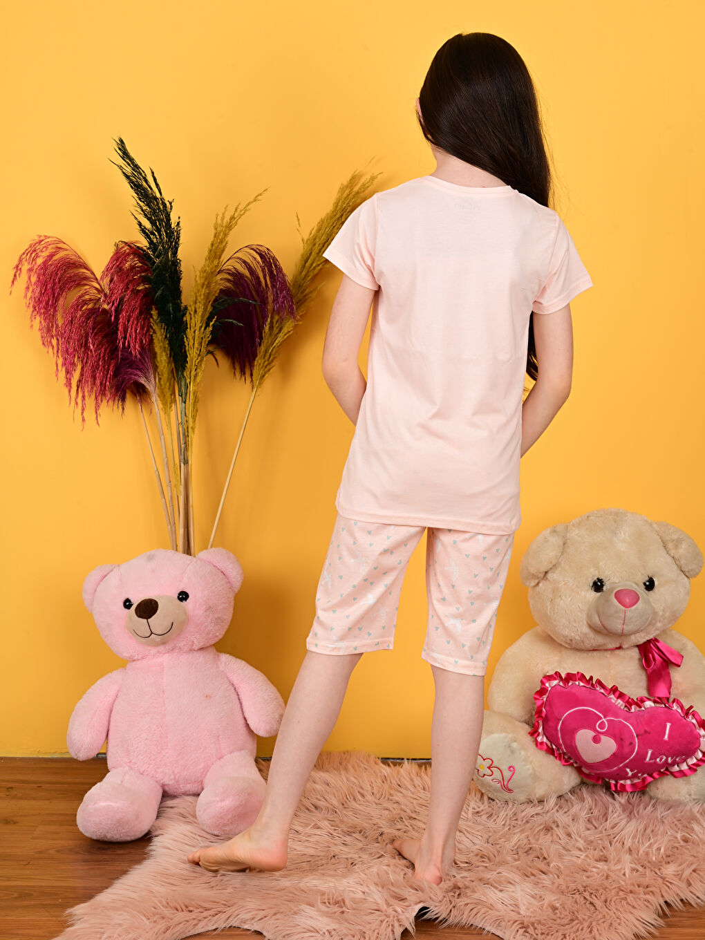 Turuncu Bisiklet Yaka Baskılı Kısa Kollu Kız Çocuk Şortlu Pijama Takımı-1