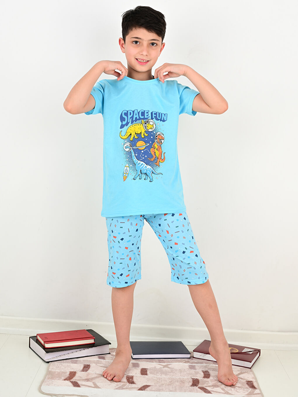 Turkuaz Bisiklet Yaka Baskılı Kısa Kollu Erkek Çocuk Şortlu Pijama Takımı