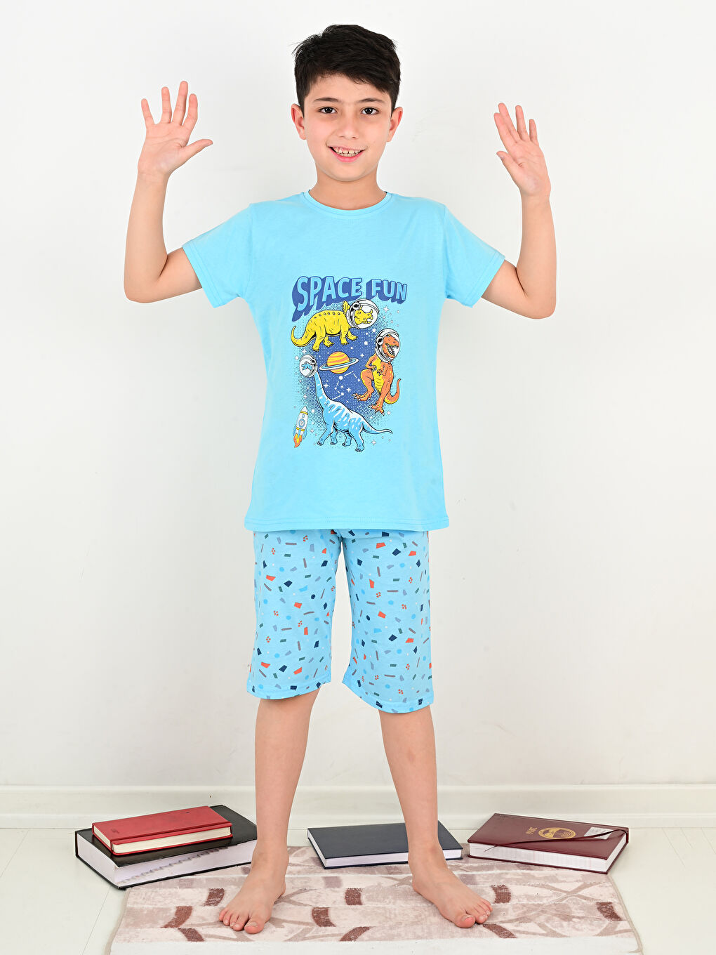 Turkuaz Bisiklet Yaka Baskılı Kısa Kollu Erkek Çocuk Şortlu Pijama Takımı-1