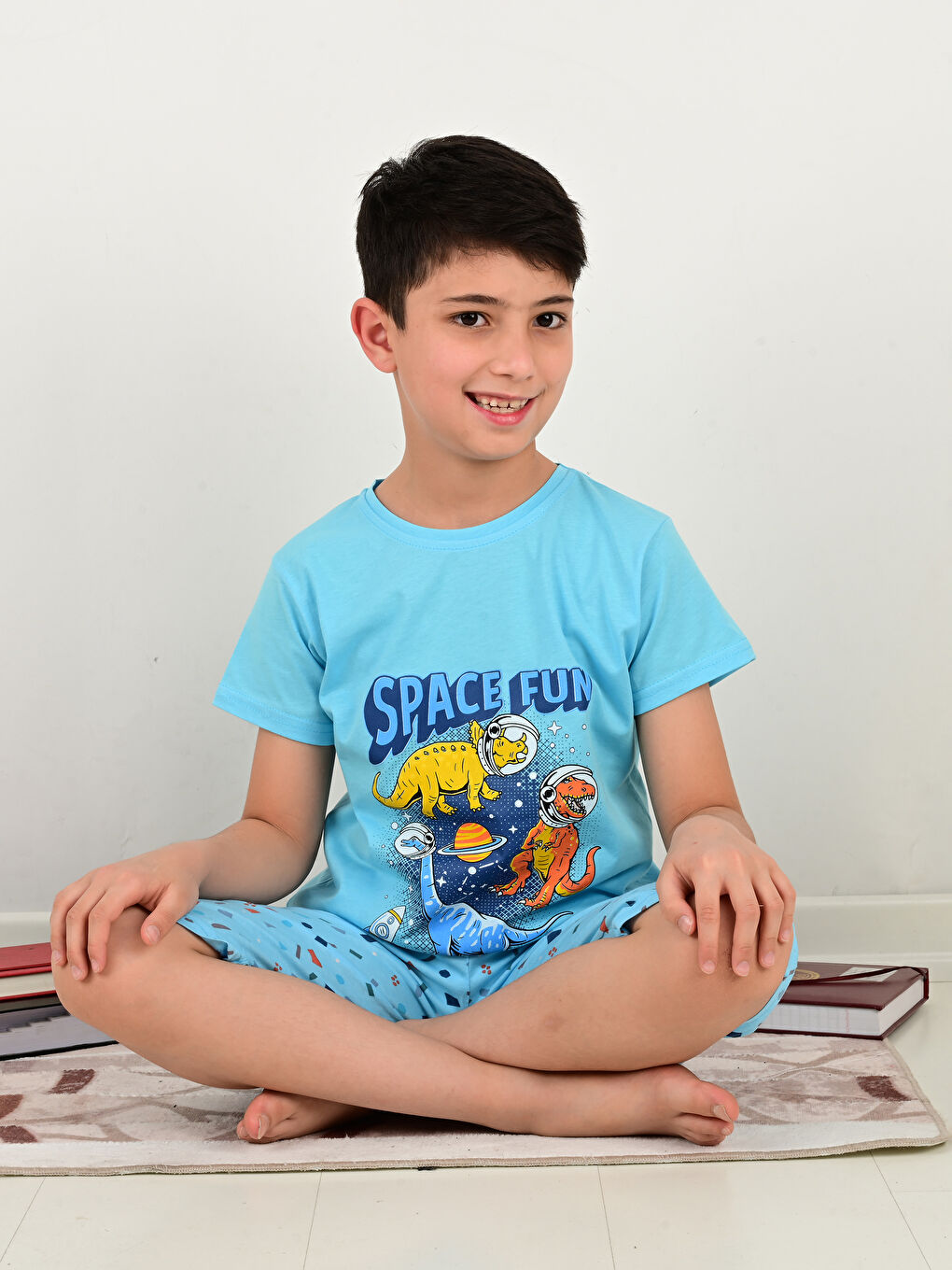 Turkuaz Bisiklet Yaka Baskılı Kısa Kollu Erkek Çocuk Şortlu Pijama Takımı-2