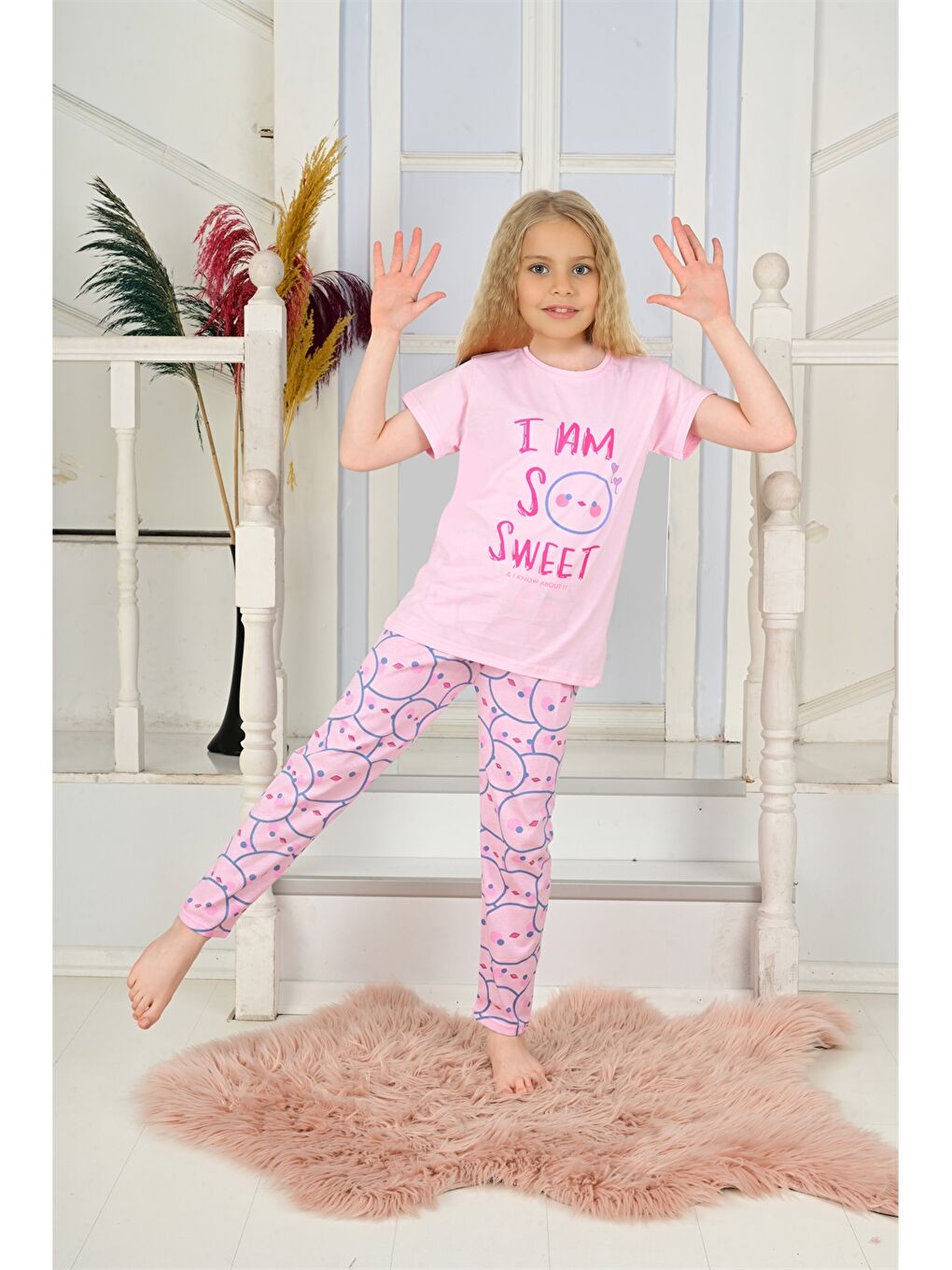 Pembe Bisiklet Yaka Baskılı Kısa Kollu Kız Çocuk Pijama Takımı