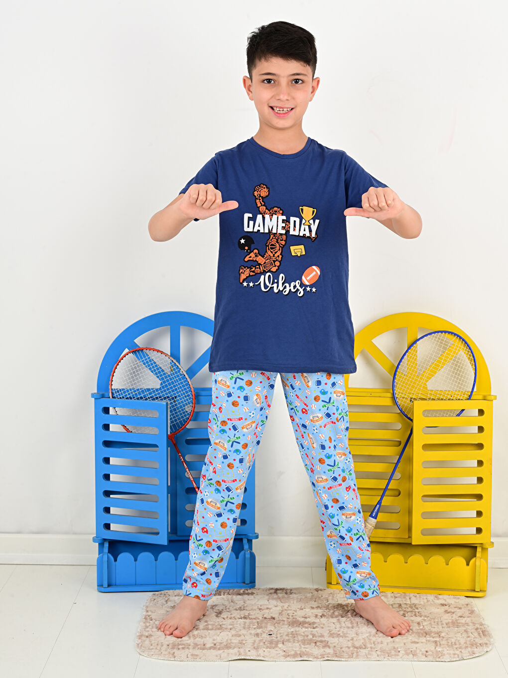 İndigo Bisiklet Yaka Baskılı Kısa Kollu Erkek Çocuk Pijama Takımı