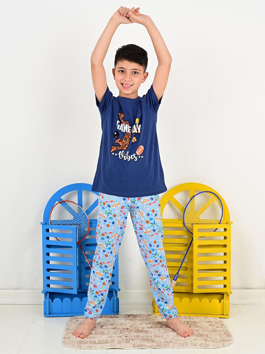 İndigo Bisiklet Yaka Baskılı Kısa Kollu Erkek Çocuk Pijama Takımı-1