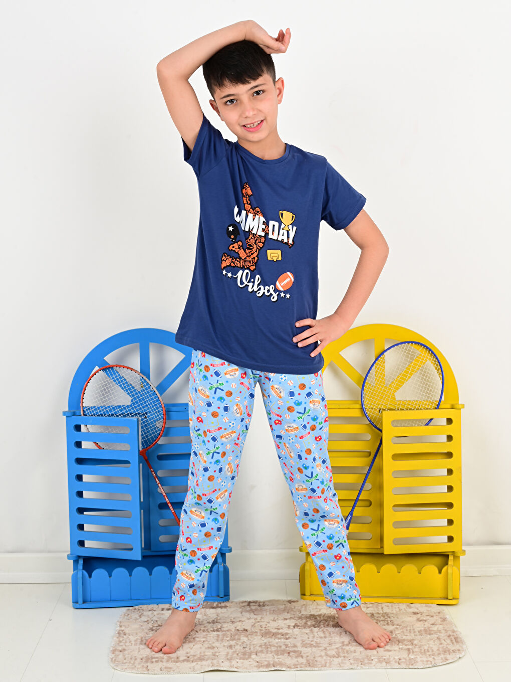 İndigo Bisiklet Yaka Baskılı Kısa Kollu Erkek Çocuk Pijama Takımı-2