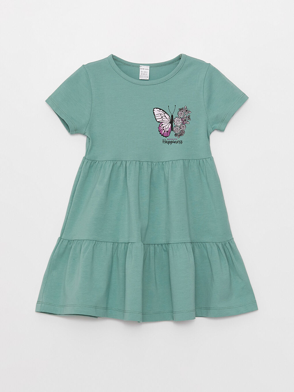 Yeşil Bisiklet Yaka Kısa Kollu Baskılı Kız Bebek Elbise