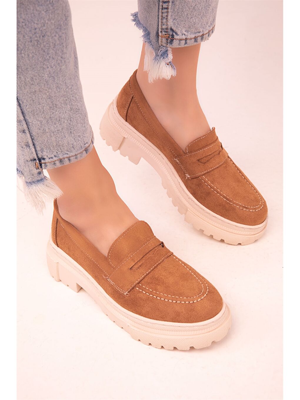 Kahverengi Süet Görünümlü Kadın Loafer Ayakkabı-2