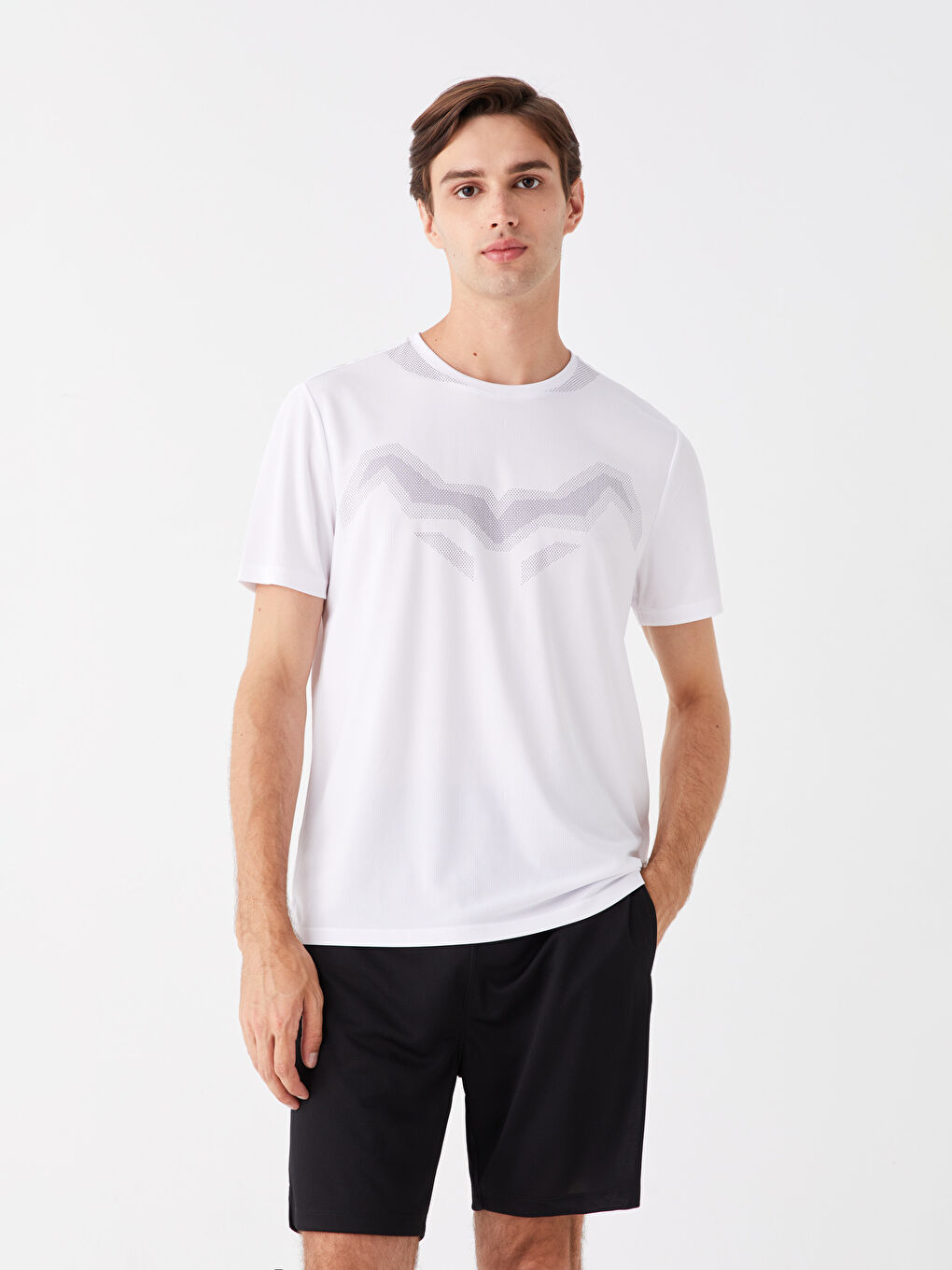 Beyaz Bisiklet Yaka Kısa Kollu Erkek Spor Tişört-1