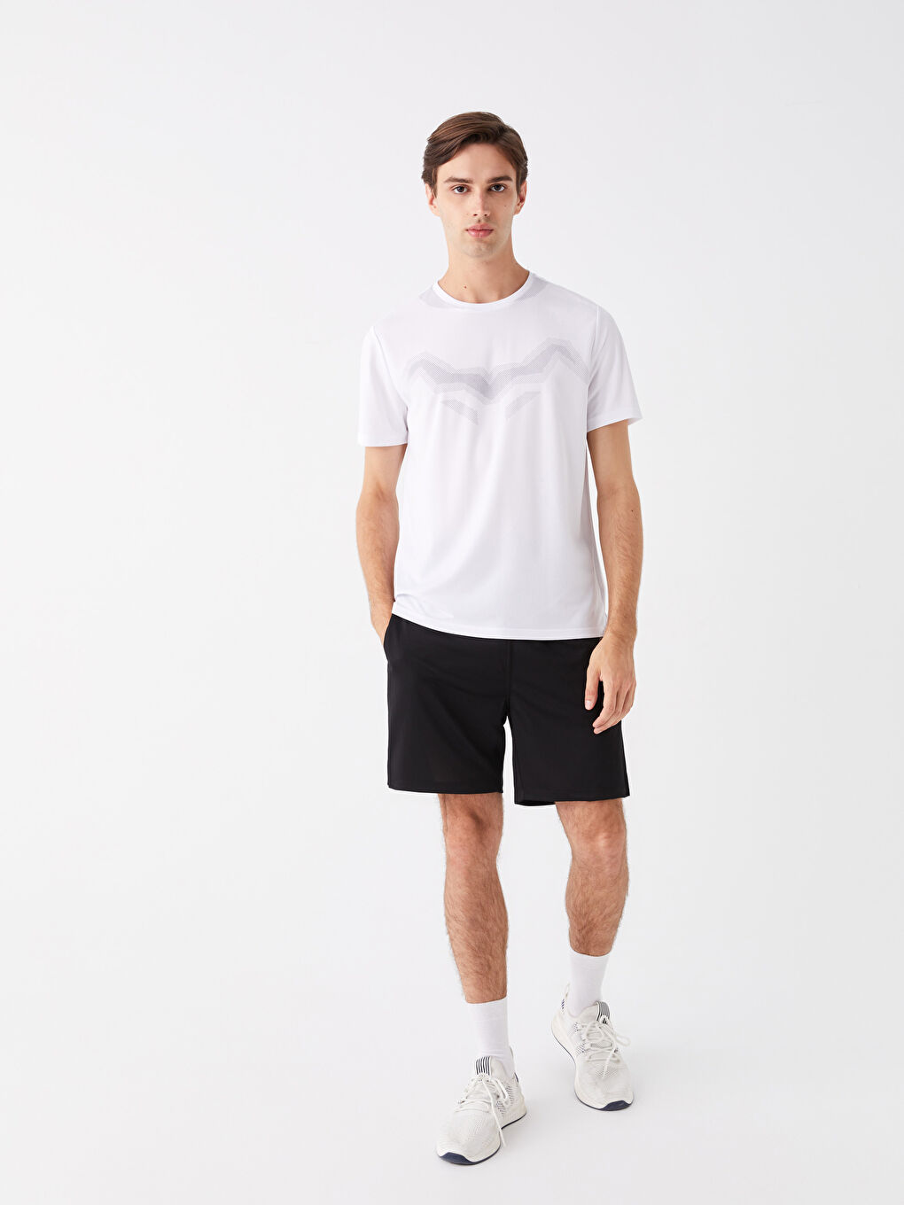 Beyaz Bisiklet Yaka Kısa Kollu Erkek Spor Tişört-2